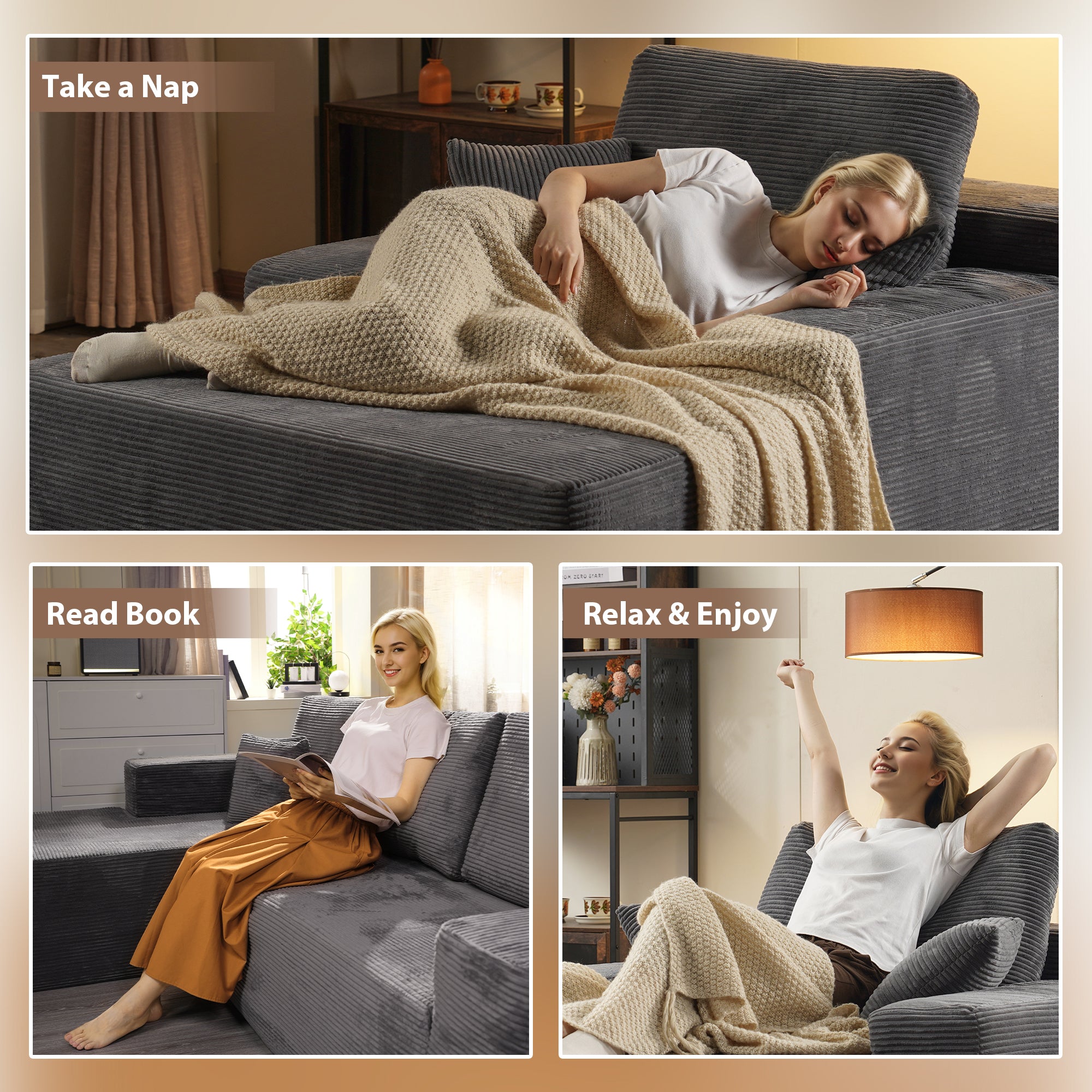 OVIOS Cloud Sectional Couch with Comfy Chaise