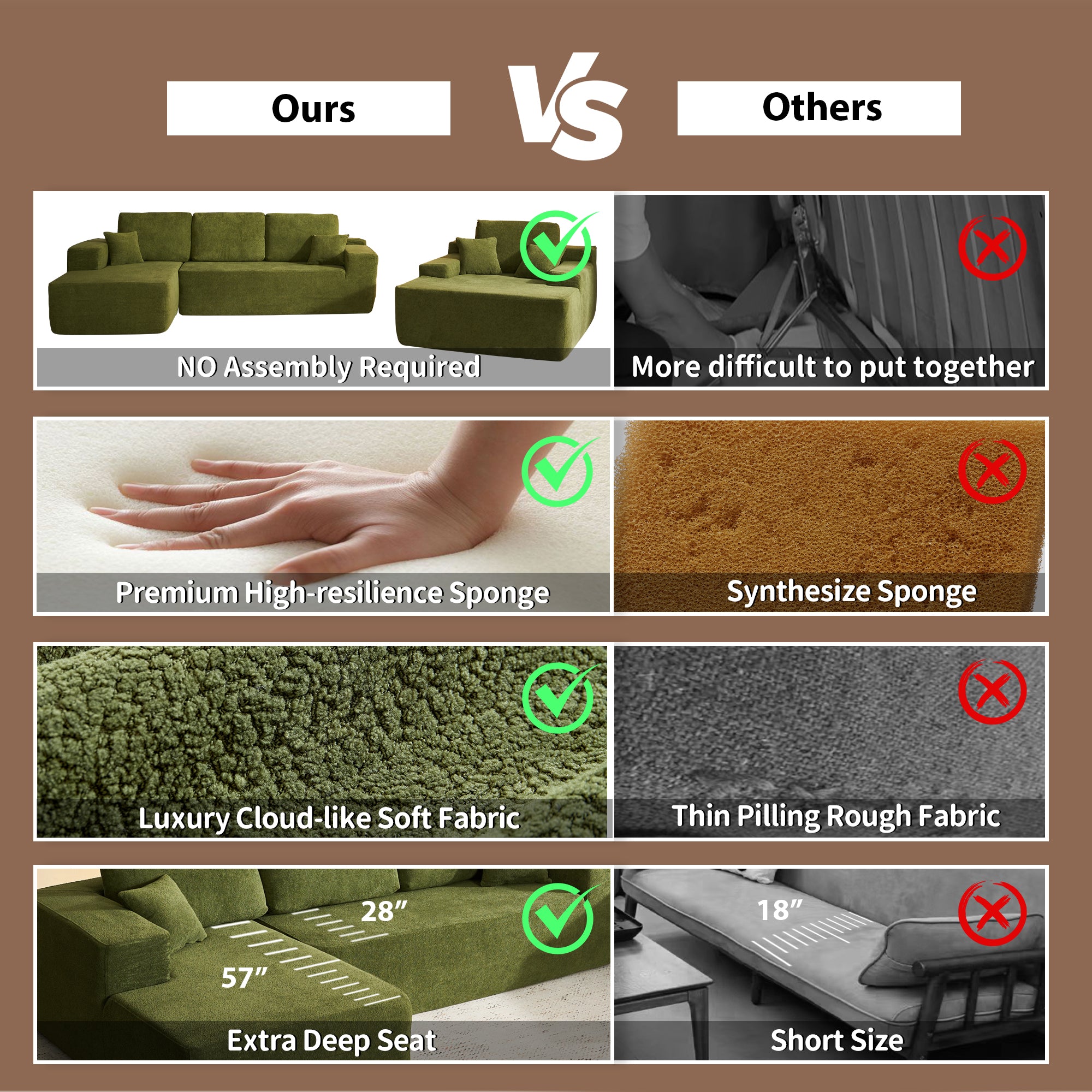 OVIOS Cloud Sectional Couch with Comfy Chaise