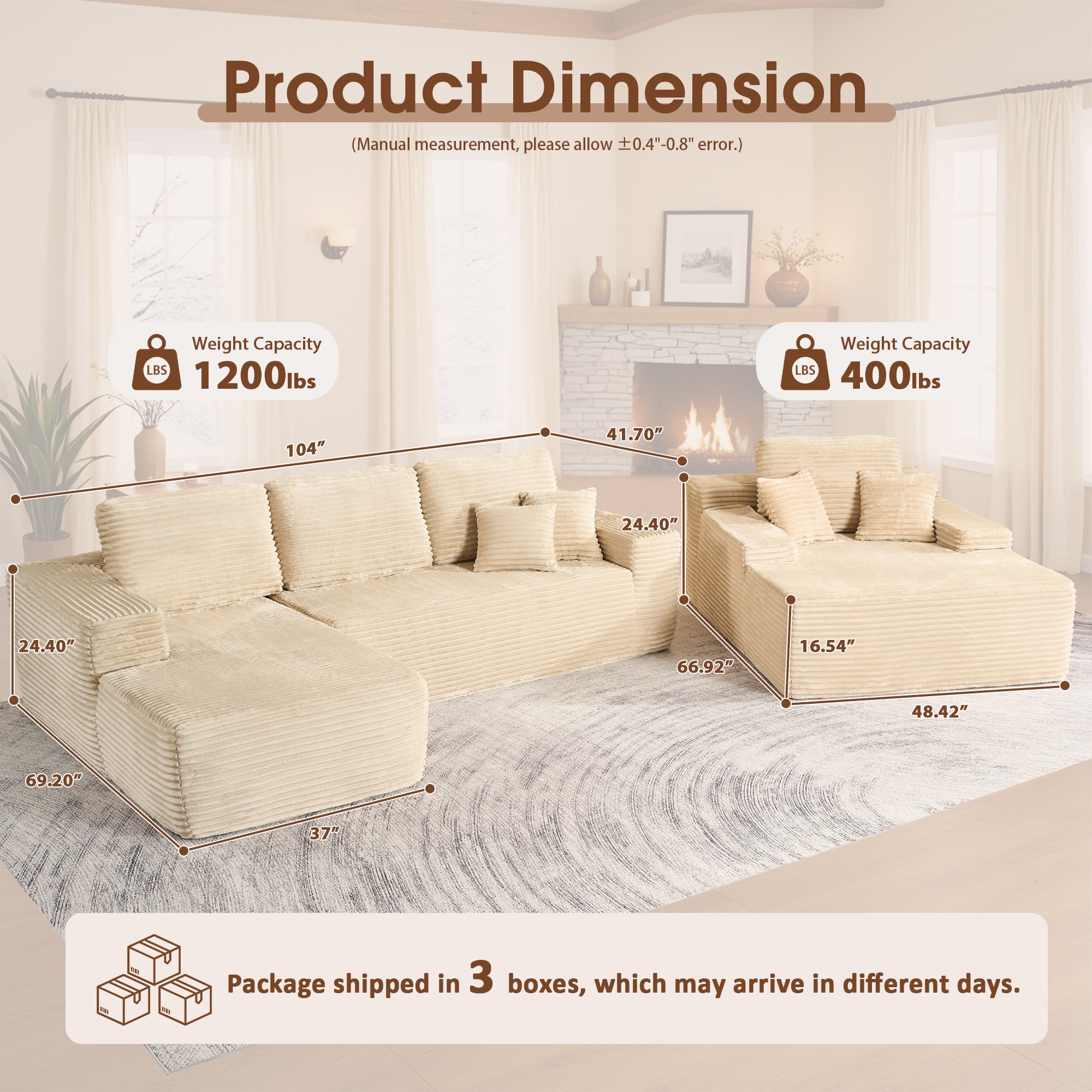 OVIOS Cloud Sectional Couch with Comfy Chaise