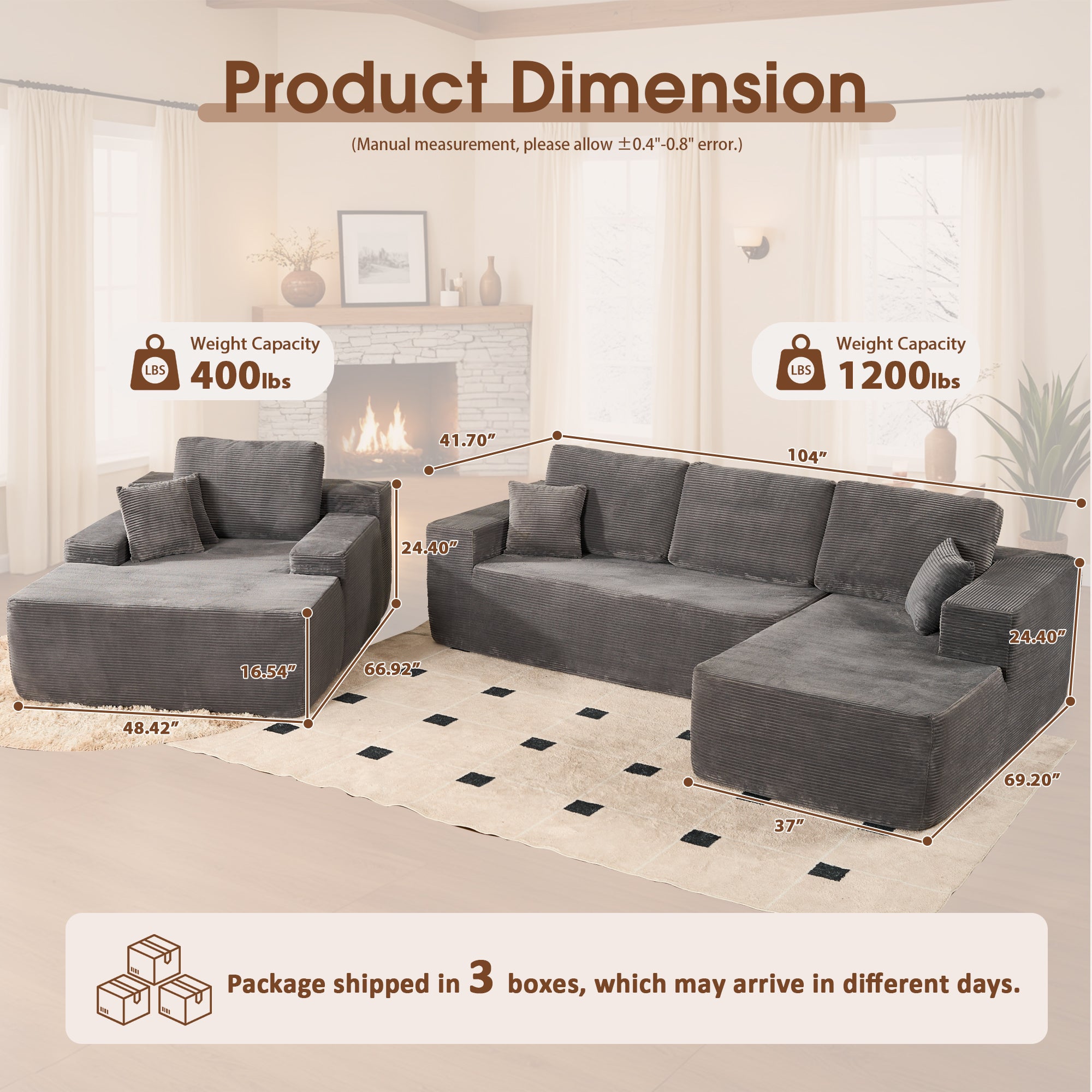 OVIOS Cloud Sectional Couch with Comfy Chaise