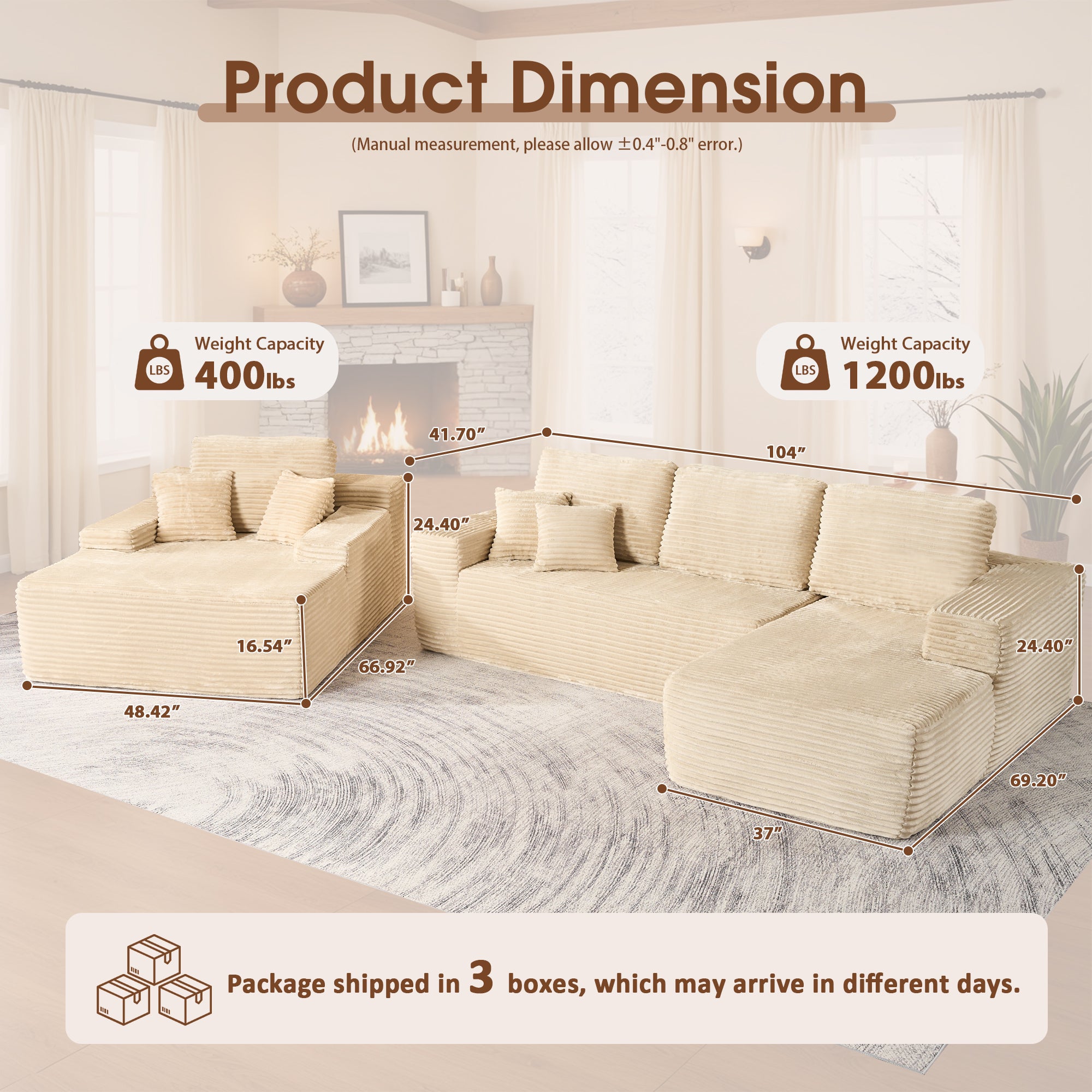 OVIOS Cloud Sectional Couch with Comfy Chaise