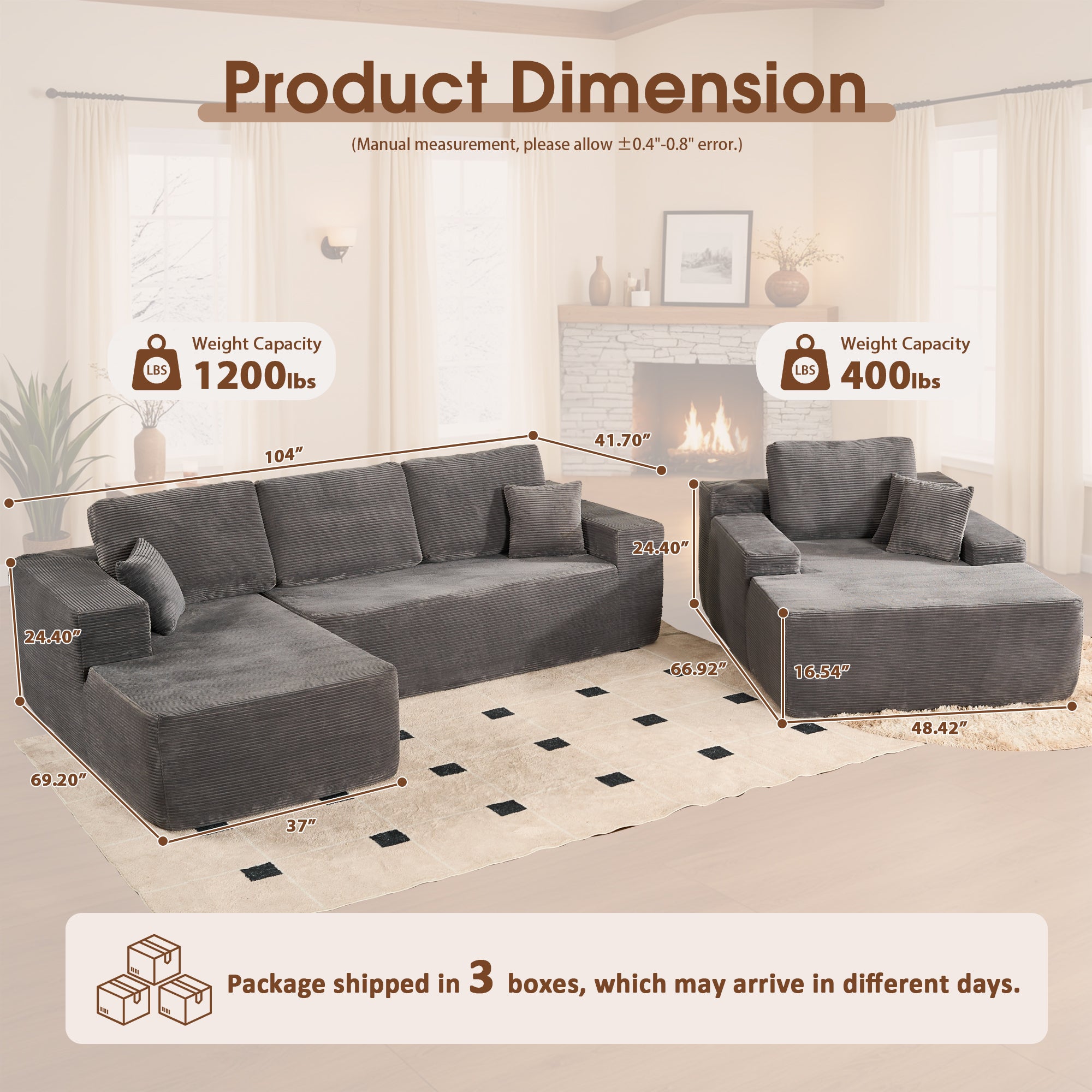 OVIOS Cloud Sectional Couch with Comfy Chaise