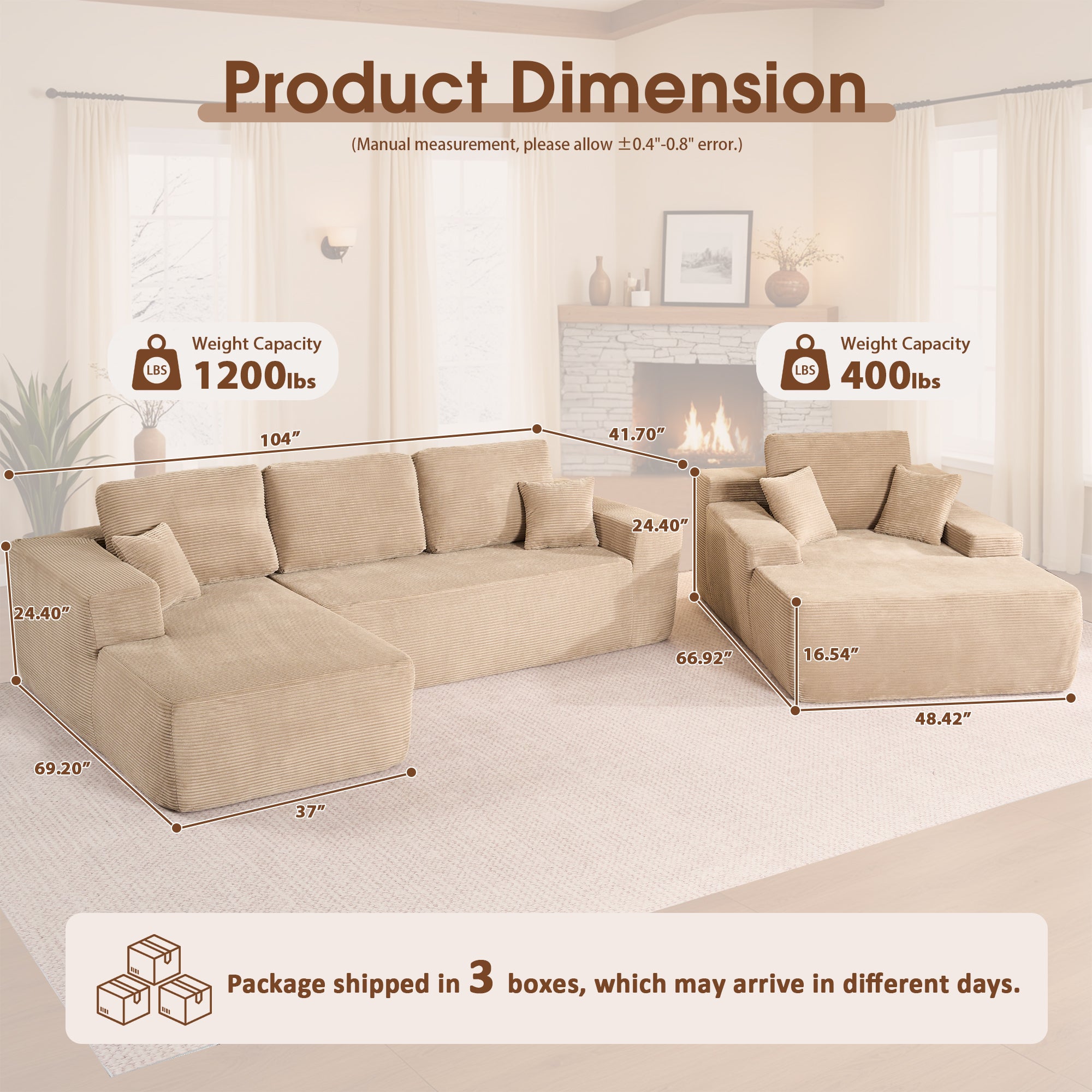 OVIOS Cloud Sectional Couch with Comfy Chaise