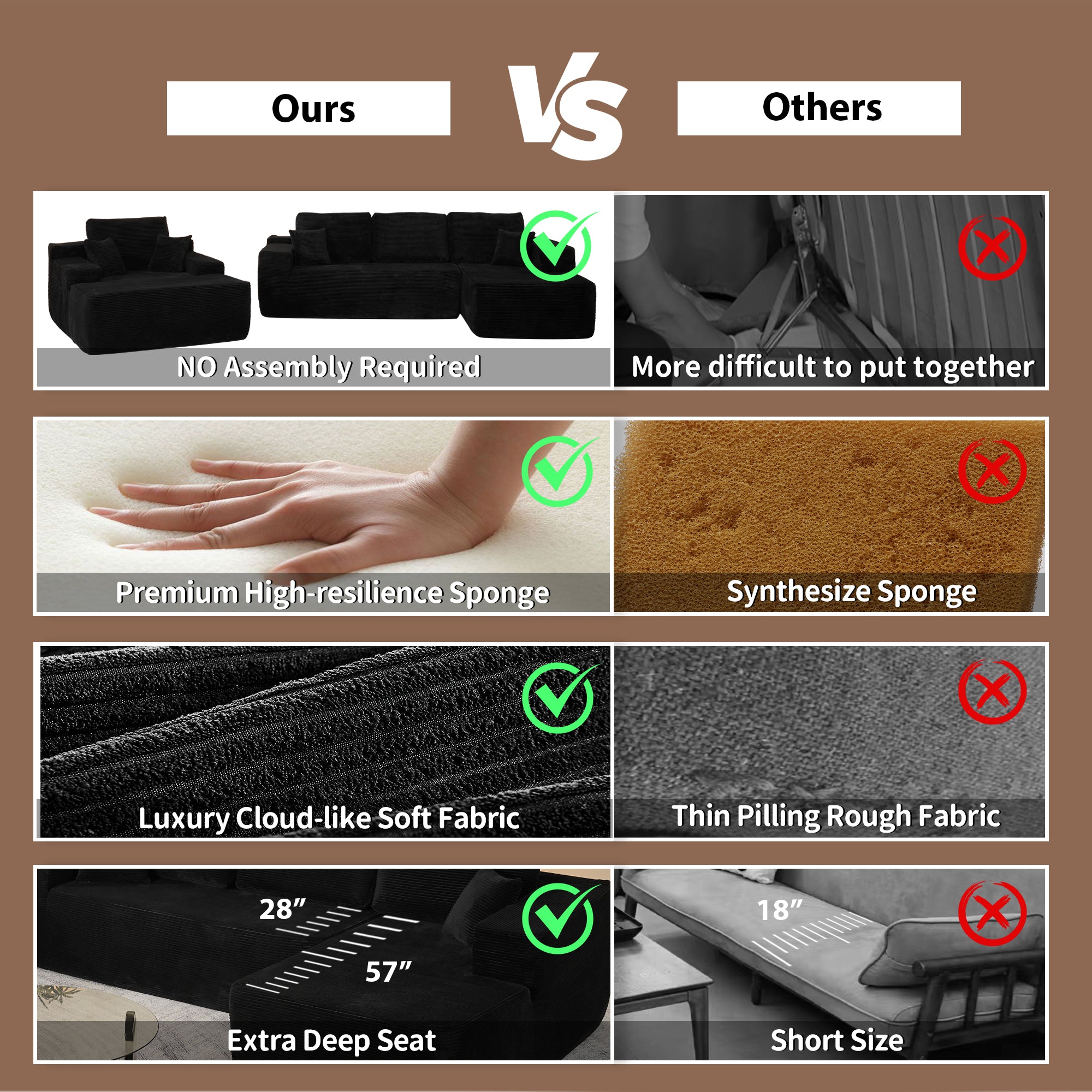 OVIOS Cloud Sectional Couch with Comfy Chaise