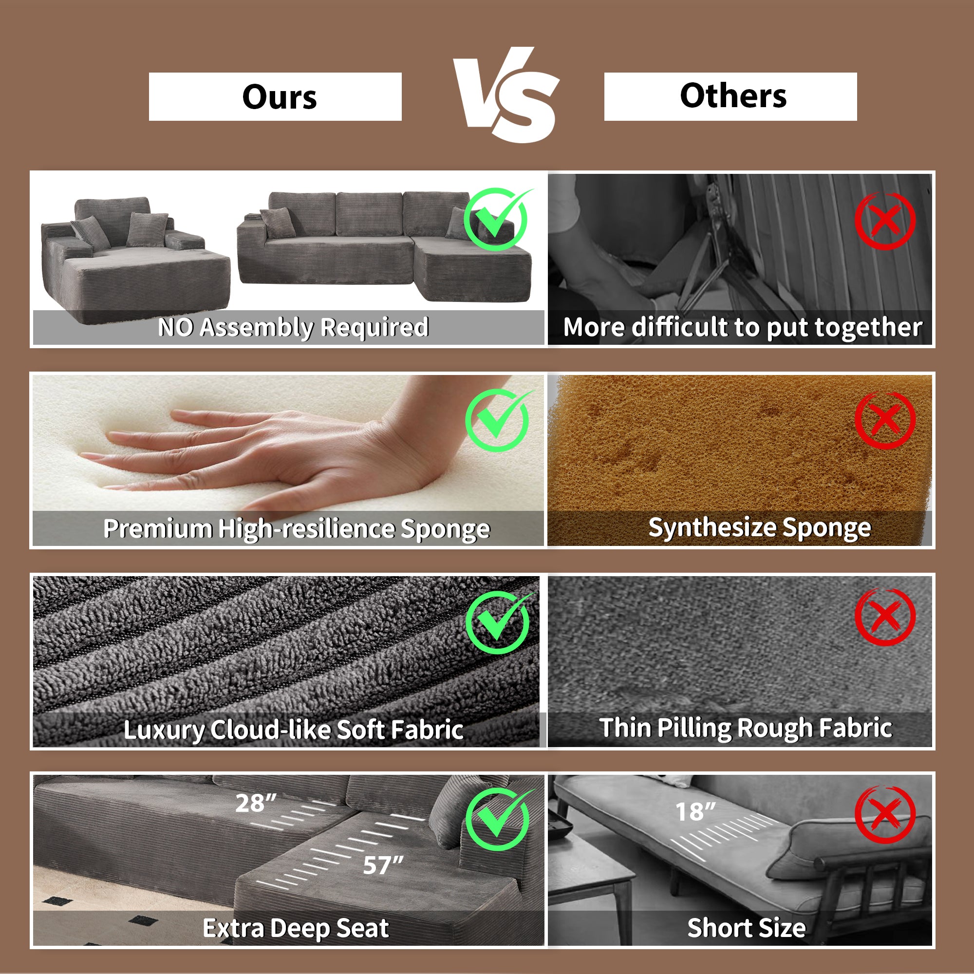 OVIOS Cloud Sectional Couch with Comfy Chaise