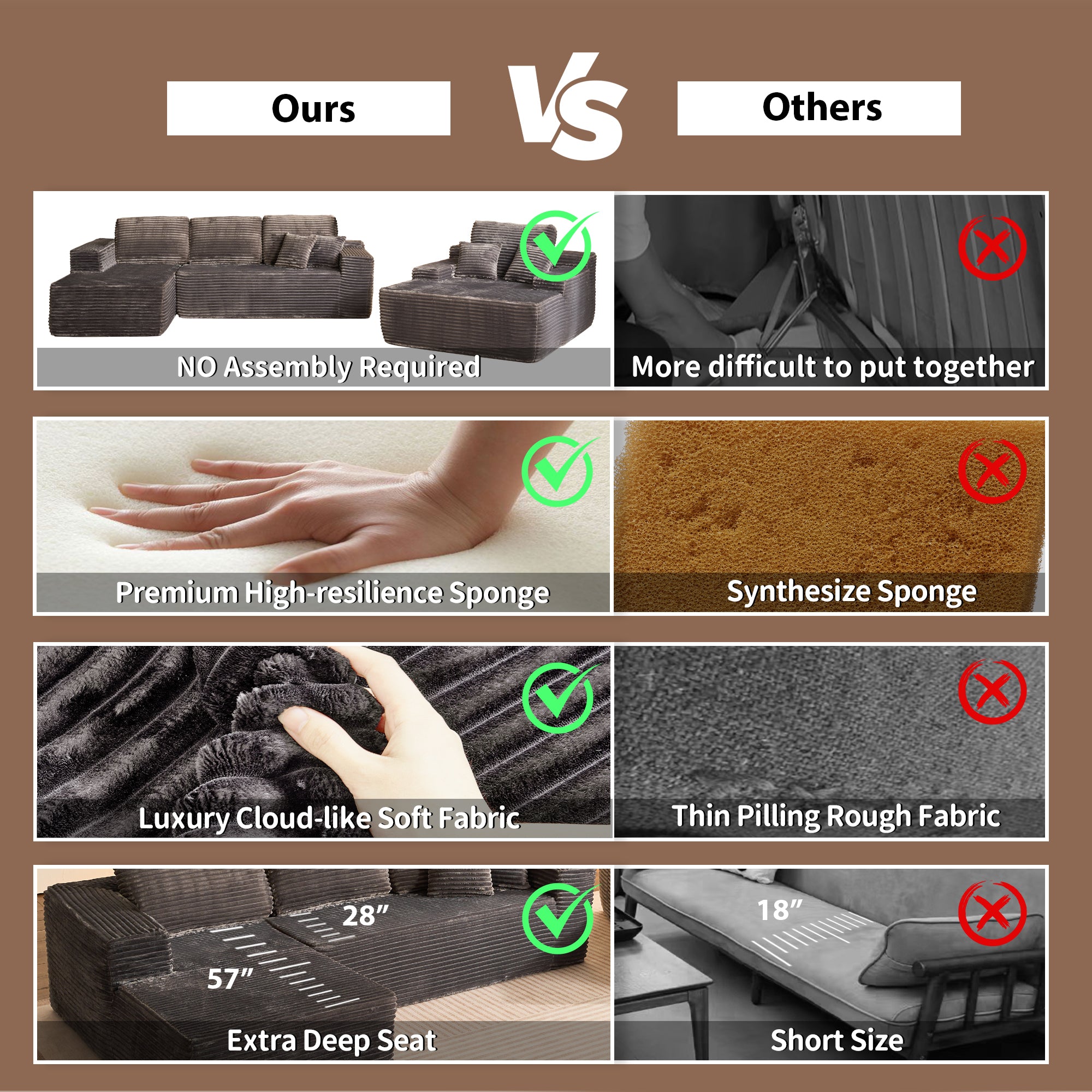 OVIOS Cloud Sectional Couch with Comfy Chaise