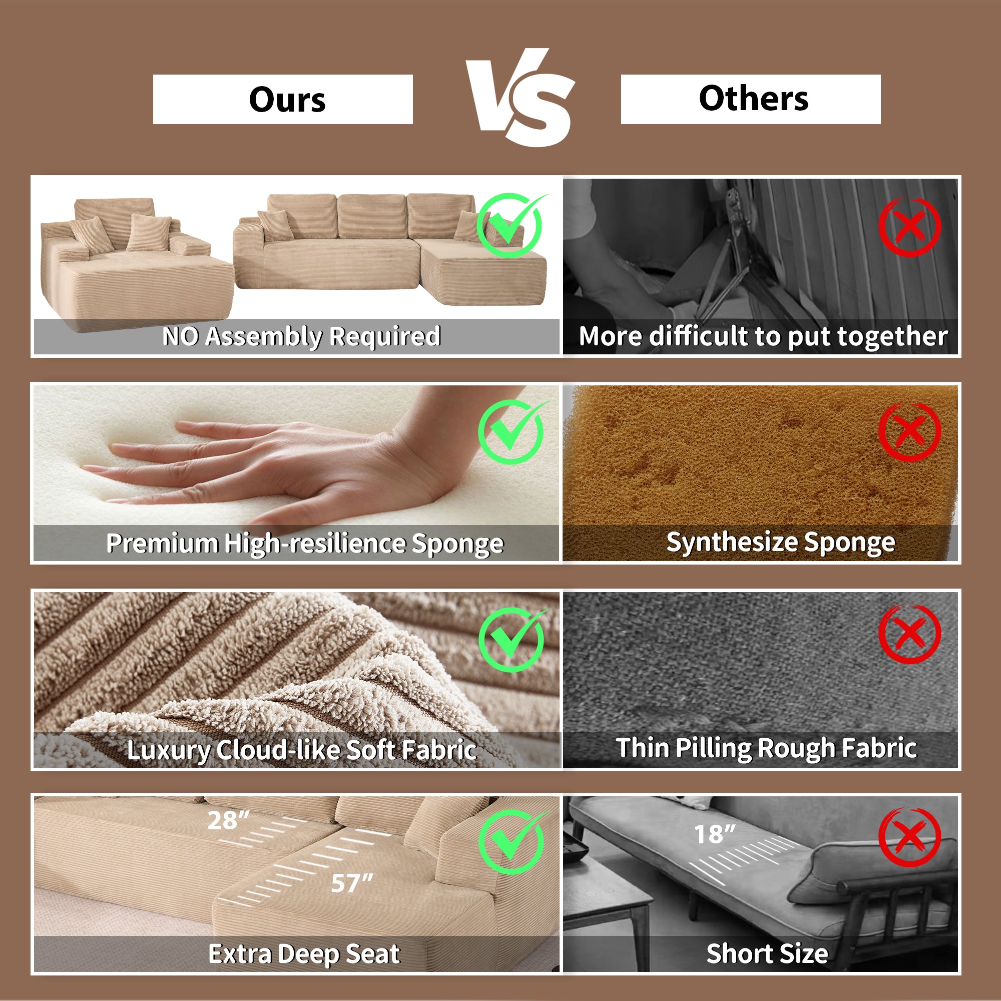 OVIOS Cloud Sectional Couch with Comfy Chaise