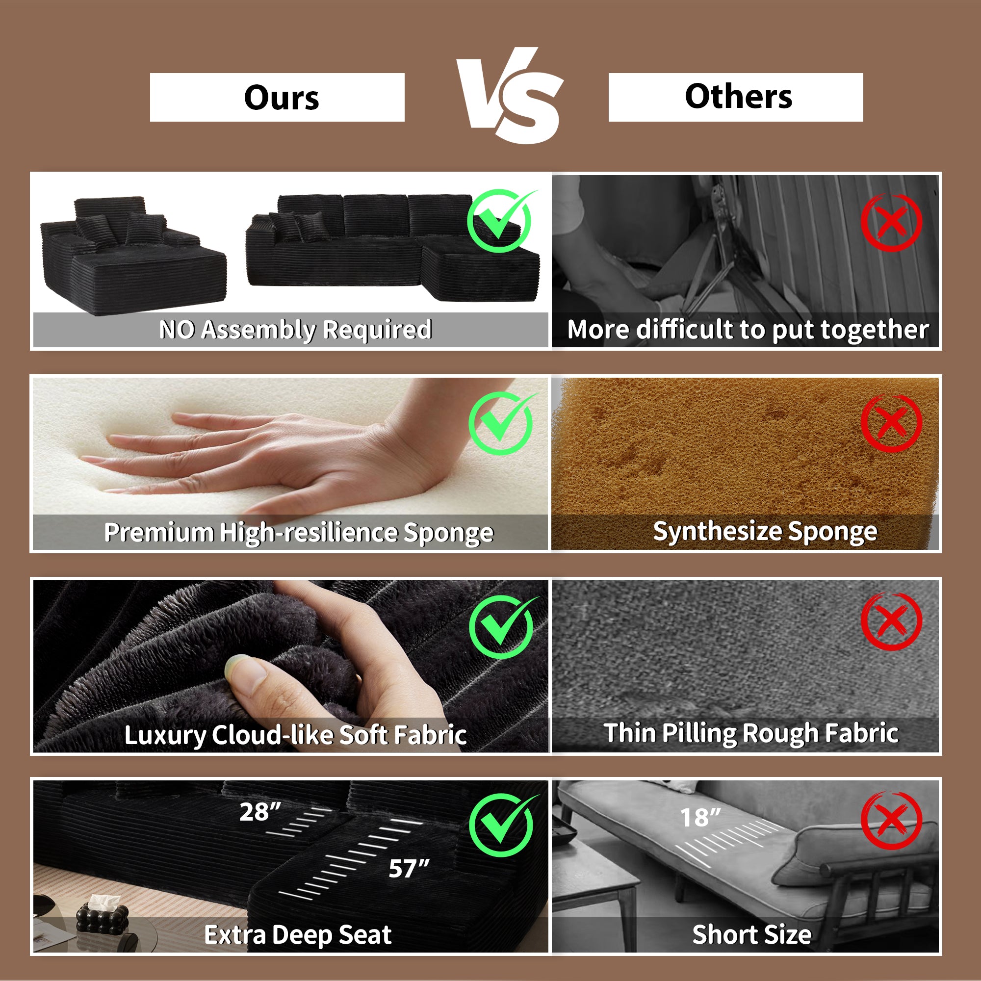 OVIOS Cloud Sectional Couch with Comfy Chaise