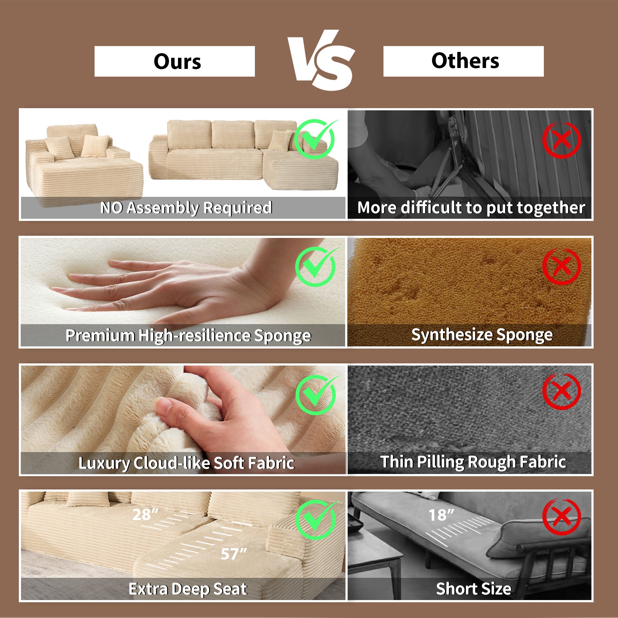 OVIOS Cloud Sectional Couch with Comfy Chaise