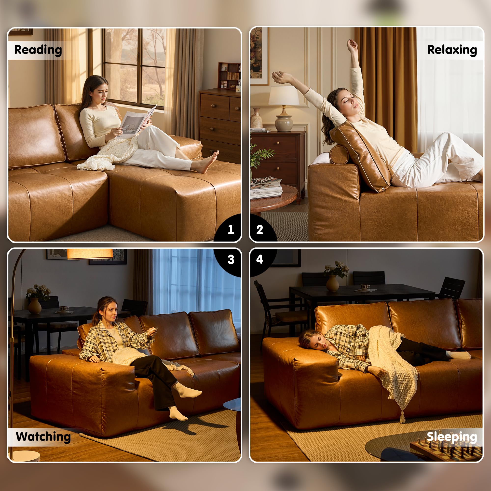 OVIOS 114" Cloud Sectional Sofa - L-Shaped Faux Leather Modular Couch with Deep Seat Chaise