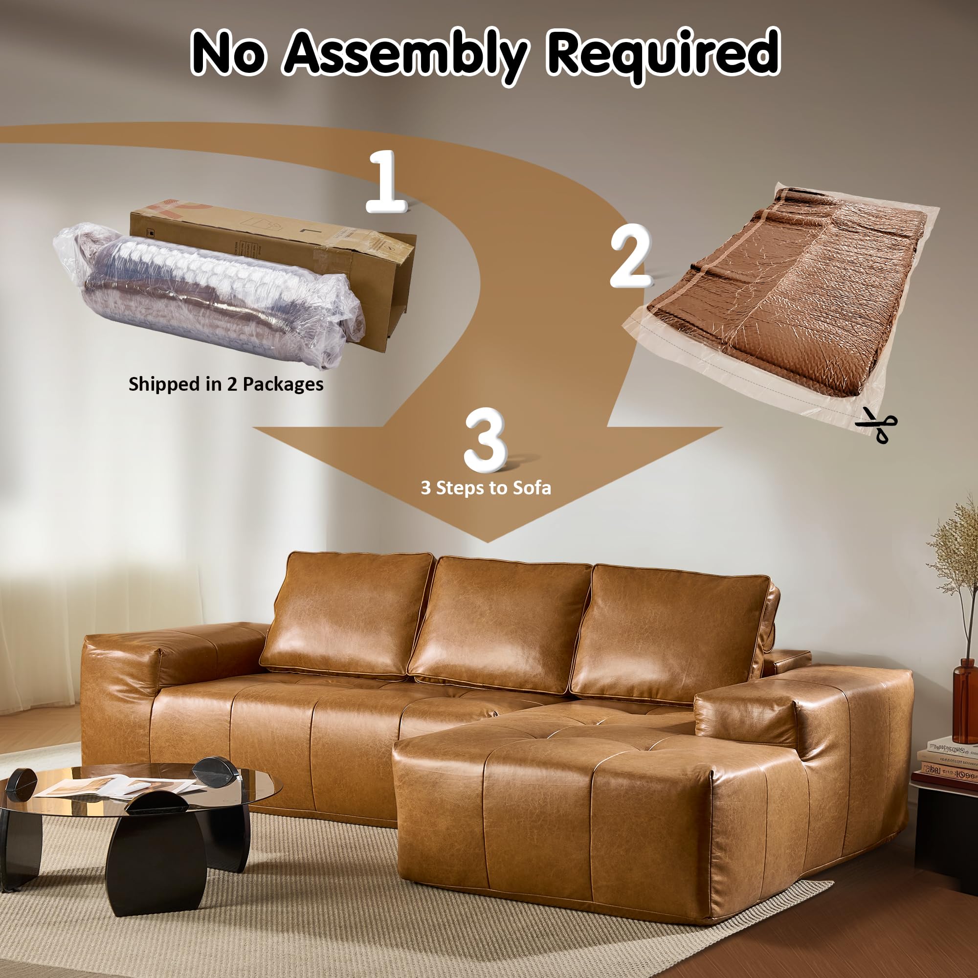 OVIOS 114" Cloud Sectional Sofa - L-Shaped Faux Leather Modular Couch with Deep Seat Chaise