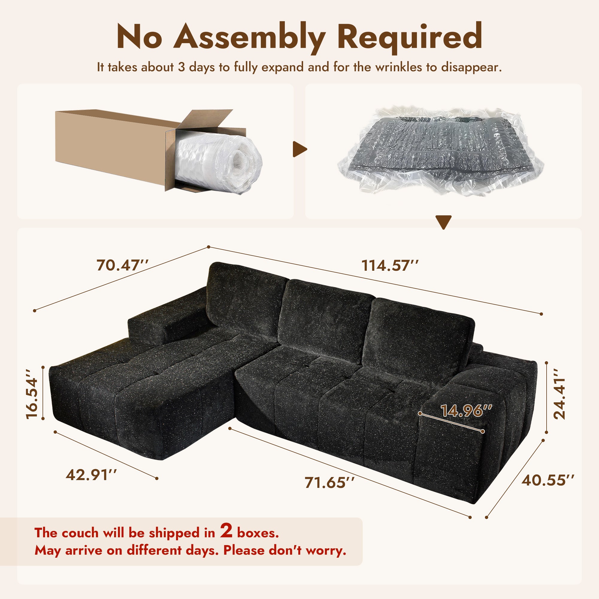 OVIOS 114" Cloud Sectional Sofa - L-Shaped Faux Leather Modular Couch with Deep Seat Chaise