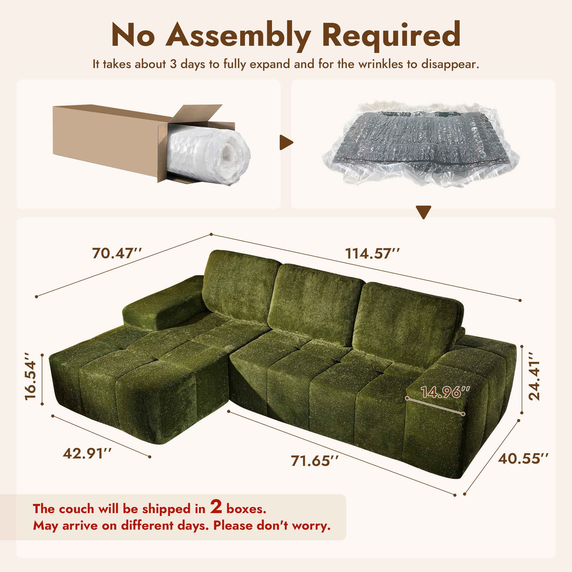 OVIOS 114" Cloud Sectional Sofa - L-Shaped Faux Leather Modular Couch with Deep Seat Chaise