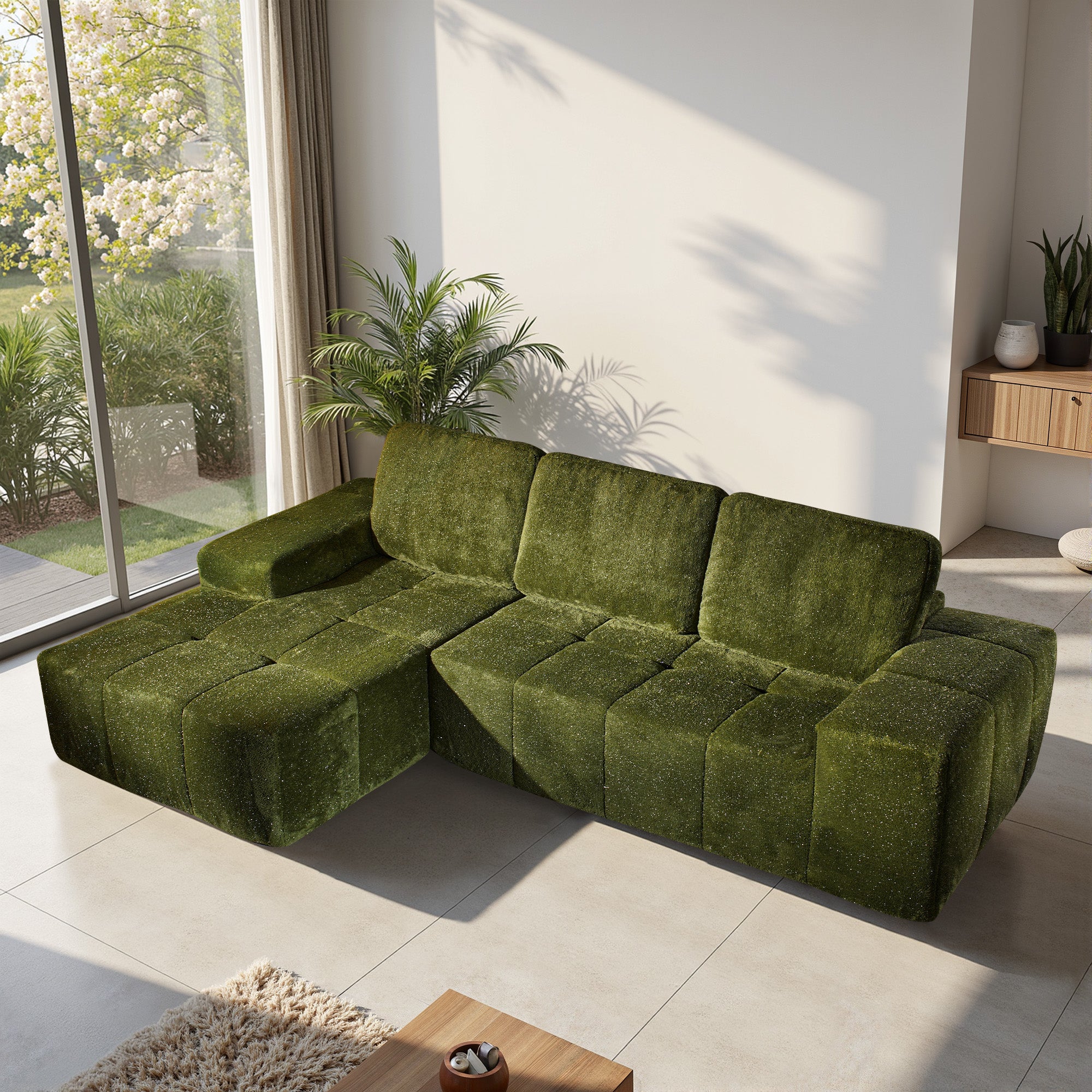 OVIOS 114" Cloud Sectional Sofa - L-Shaped Faux Leather Modular Couch with Deep Seat Chaise