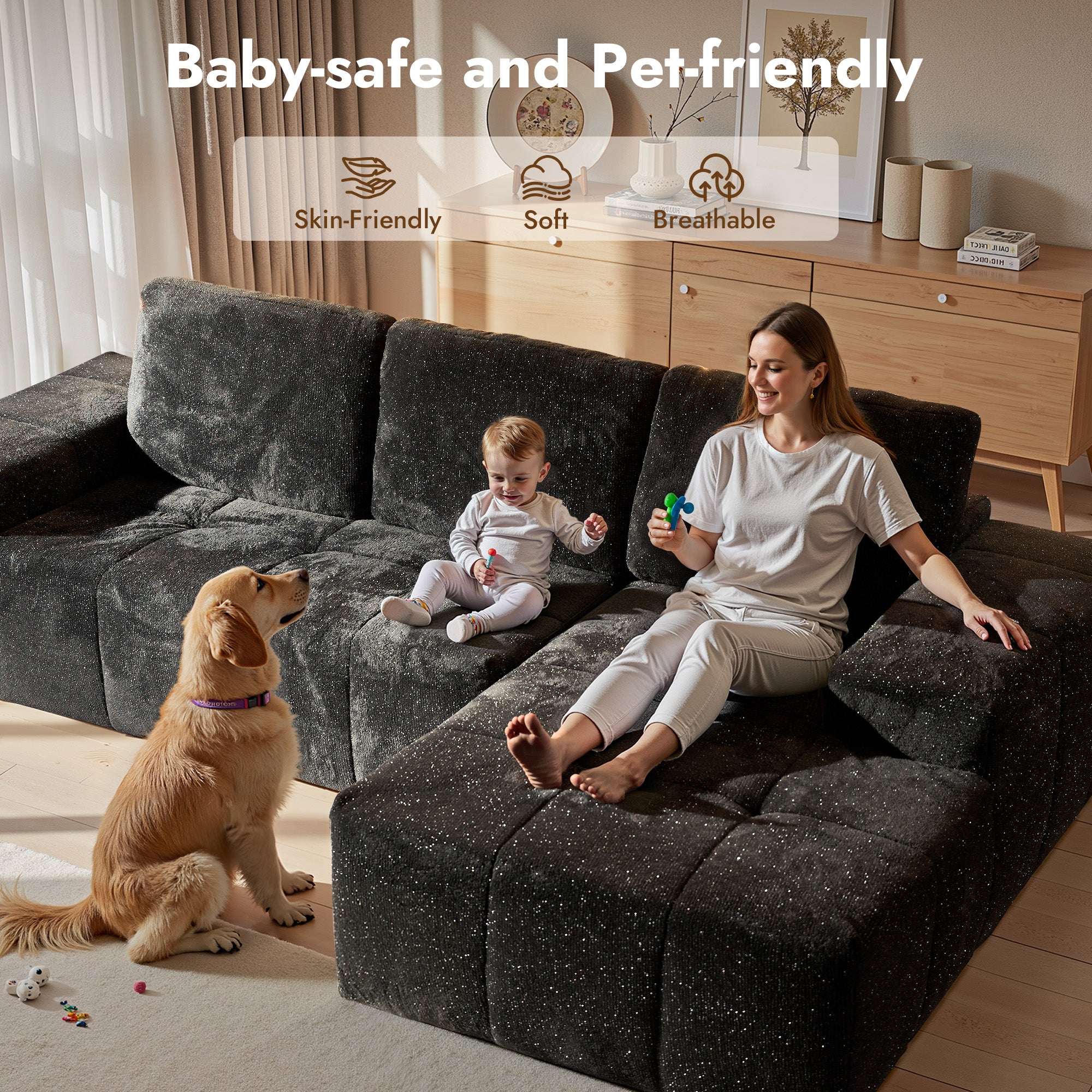 OVIOS 114" Cloud Sectional Sofa - L-Shaped Faux Leather Modular Couch with Deep Seat Chaise