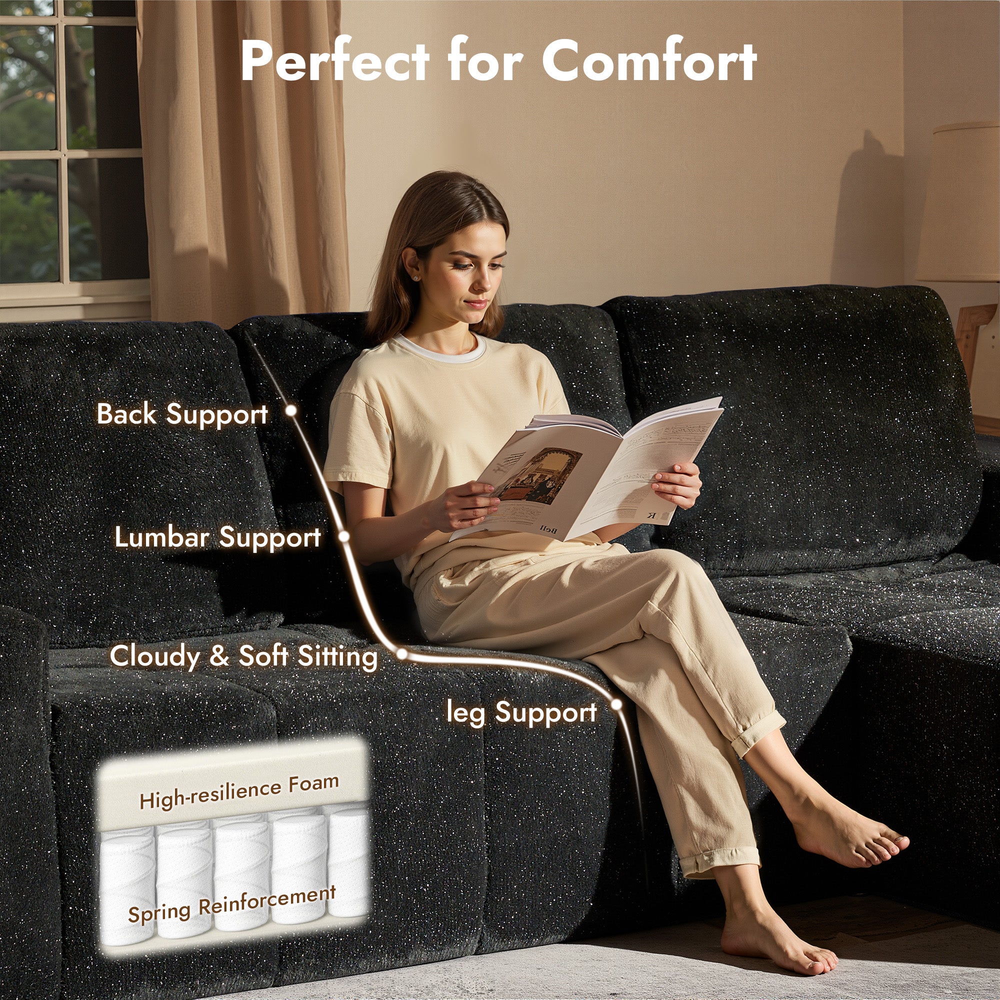 OVIOS 114" Cloud Sectional Sofa - L-Shaped Faux Leather Modular Couch with Deep Seat Chaise