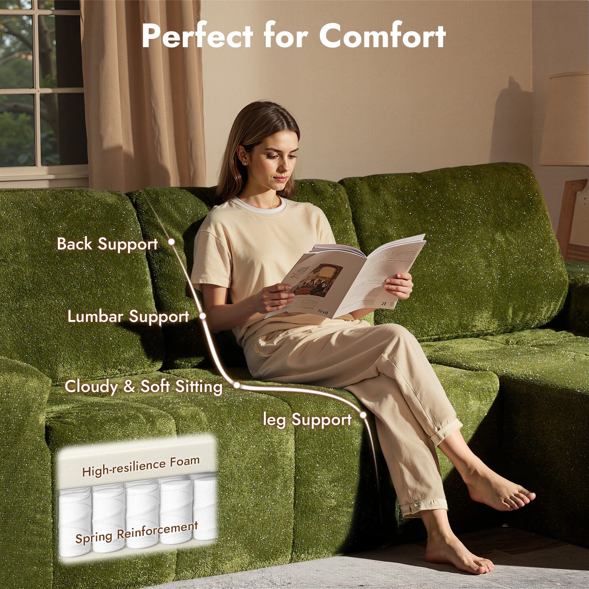 OVIOS 114" Cloud Sectional Sofa - L-Shaped Faux Leather Modular Couch with Deep Seat Chaise