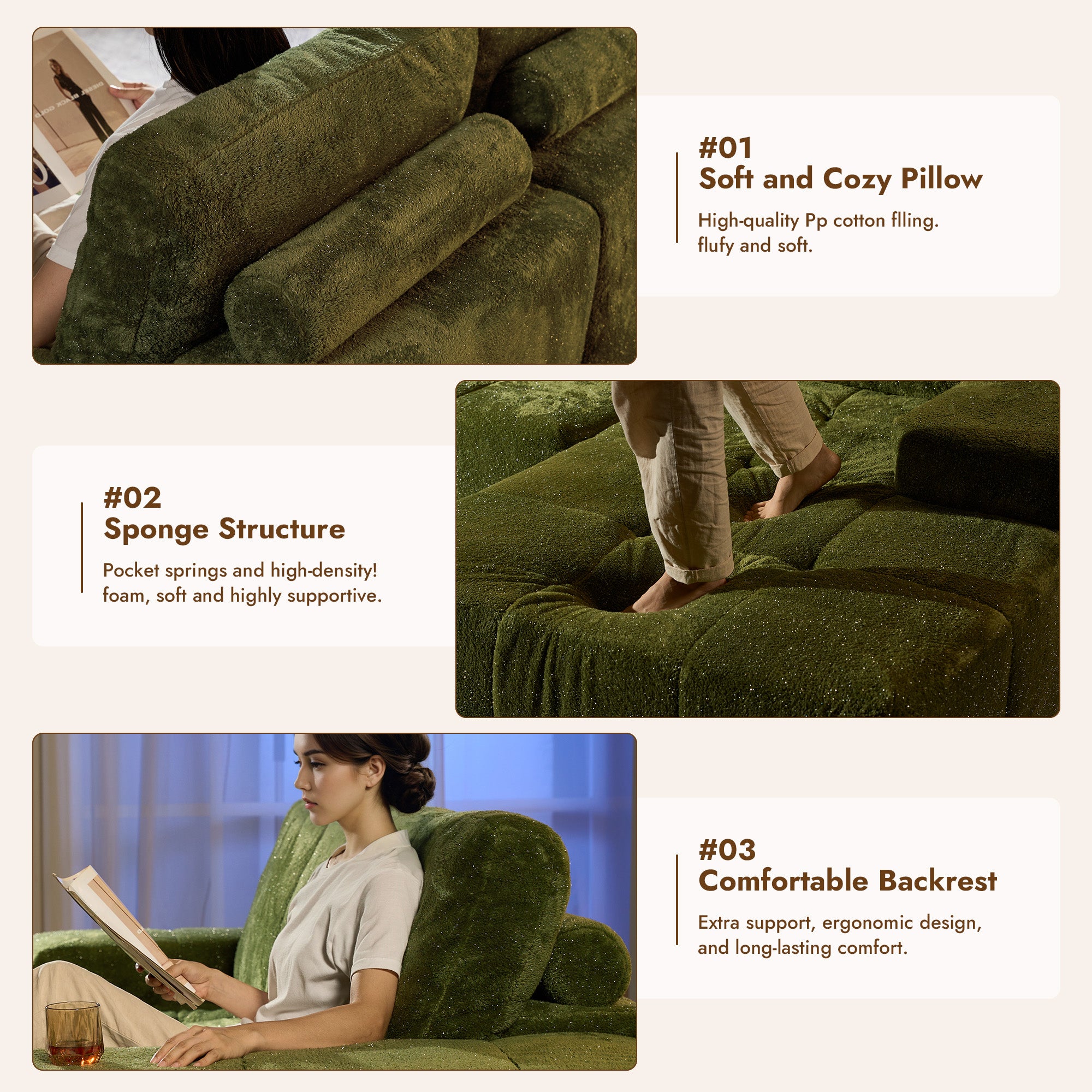 OVIOS 114" Cloud Sectional Sofa - L-Shaped Faux Leather Modular Couch with Deep Seat Chaise