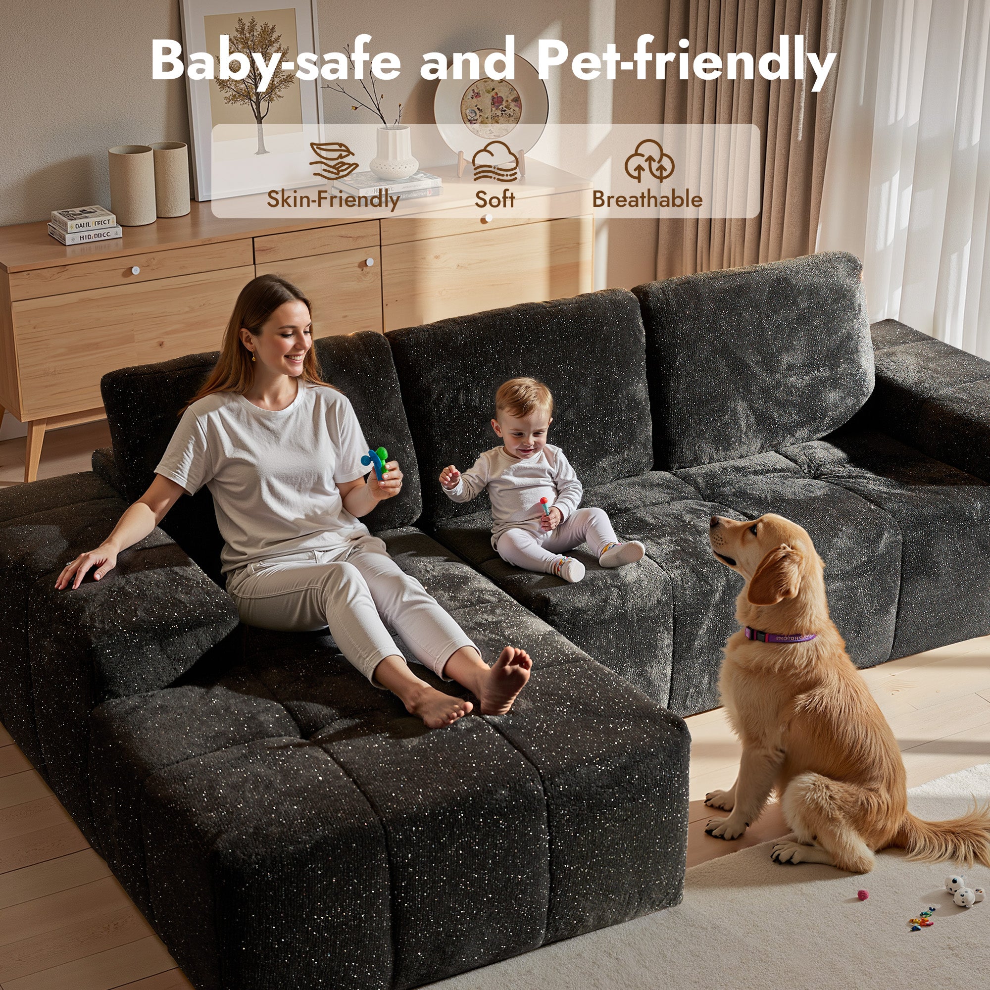 OVIOS 114" Cloud Sectional Sofa - L-Shaped Faux Leather Modular Couch with Deep Seat Chaise