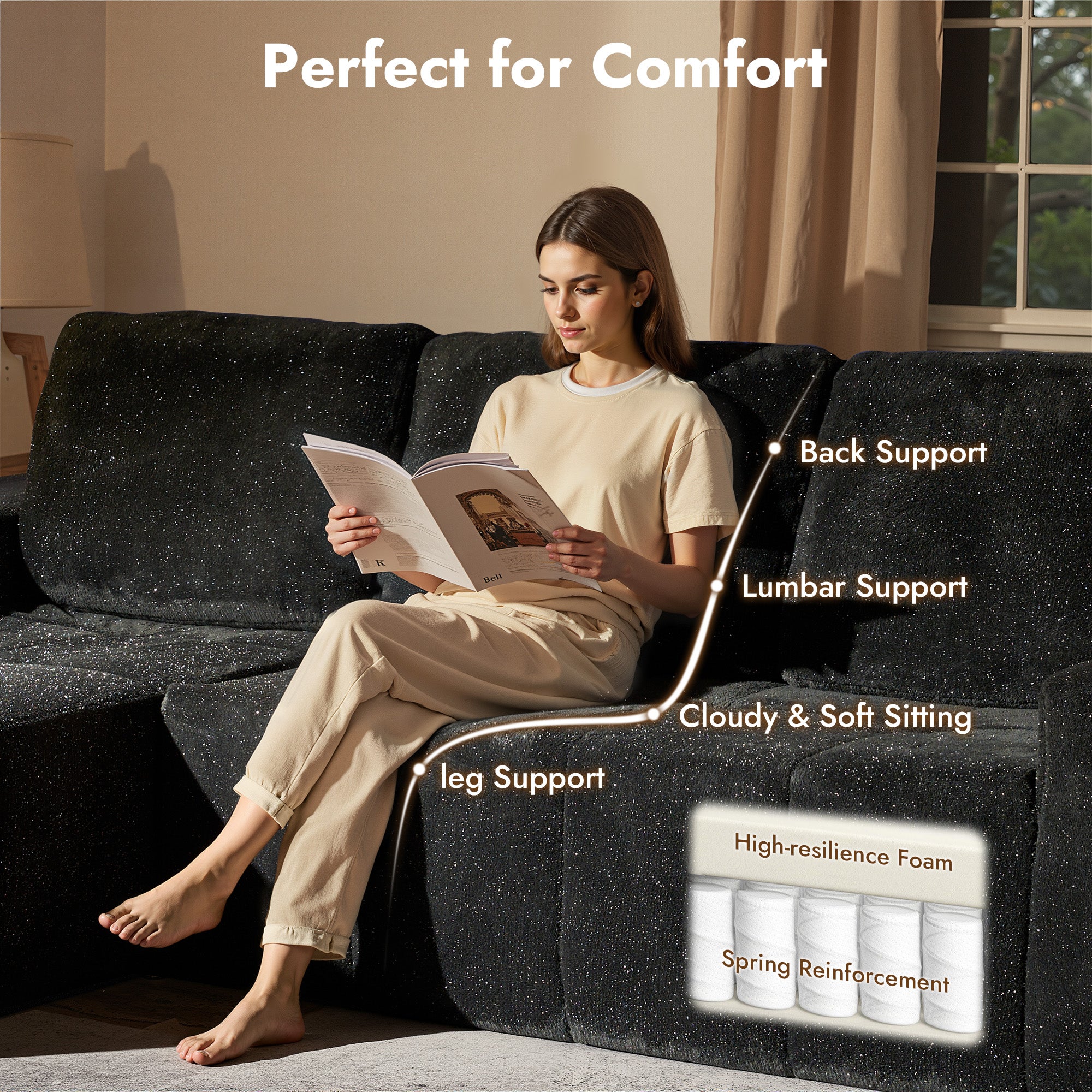 OVIOS 114" Cloud Sectional Sofa - L-Shaped Faux Leather Modular Couch with Deep Seat Chaise