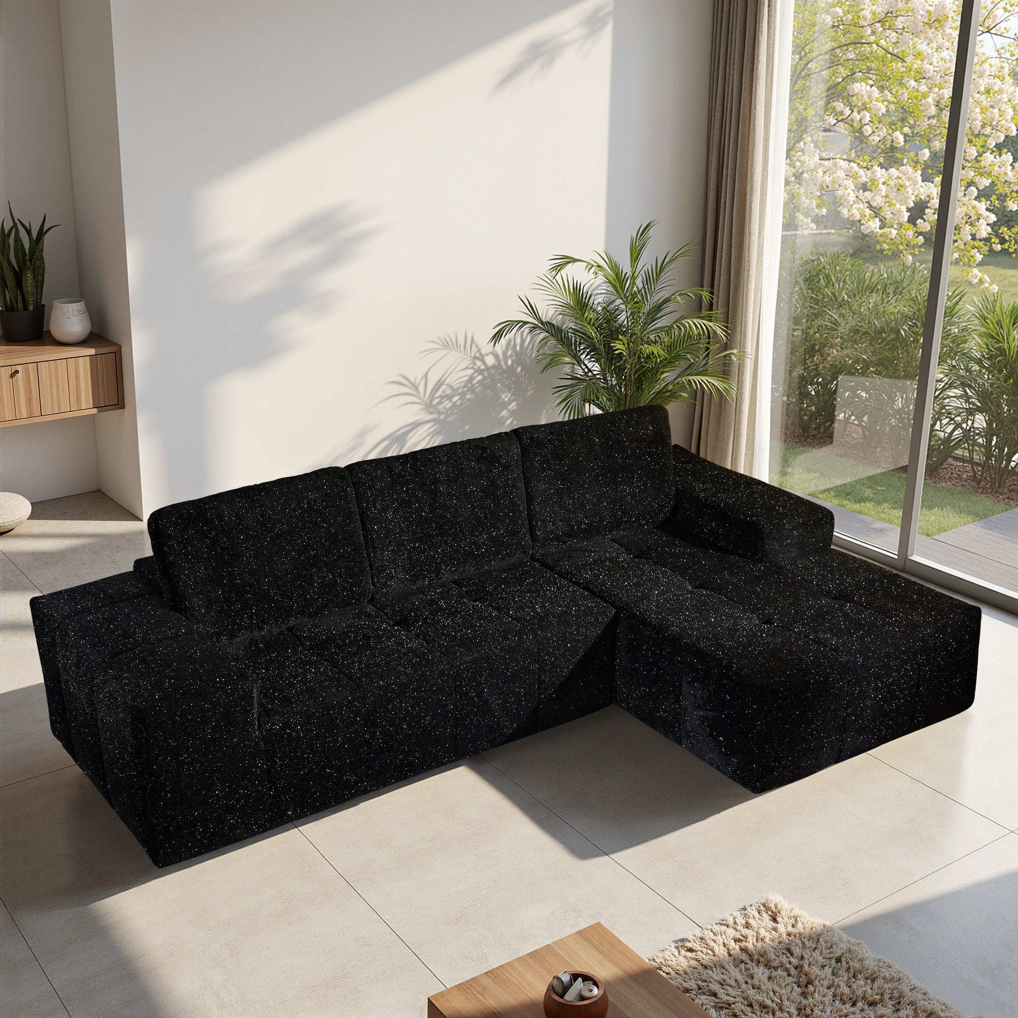 OVIOS 114" Cloud Sectional Sofa - L-Shaped Faux Leather Modular Couch with Deep Seat Chaise