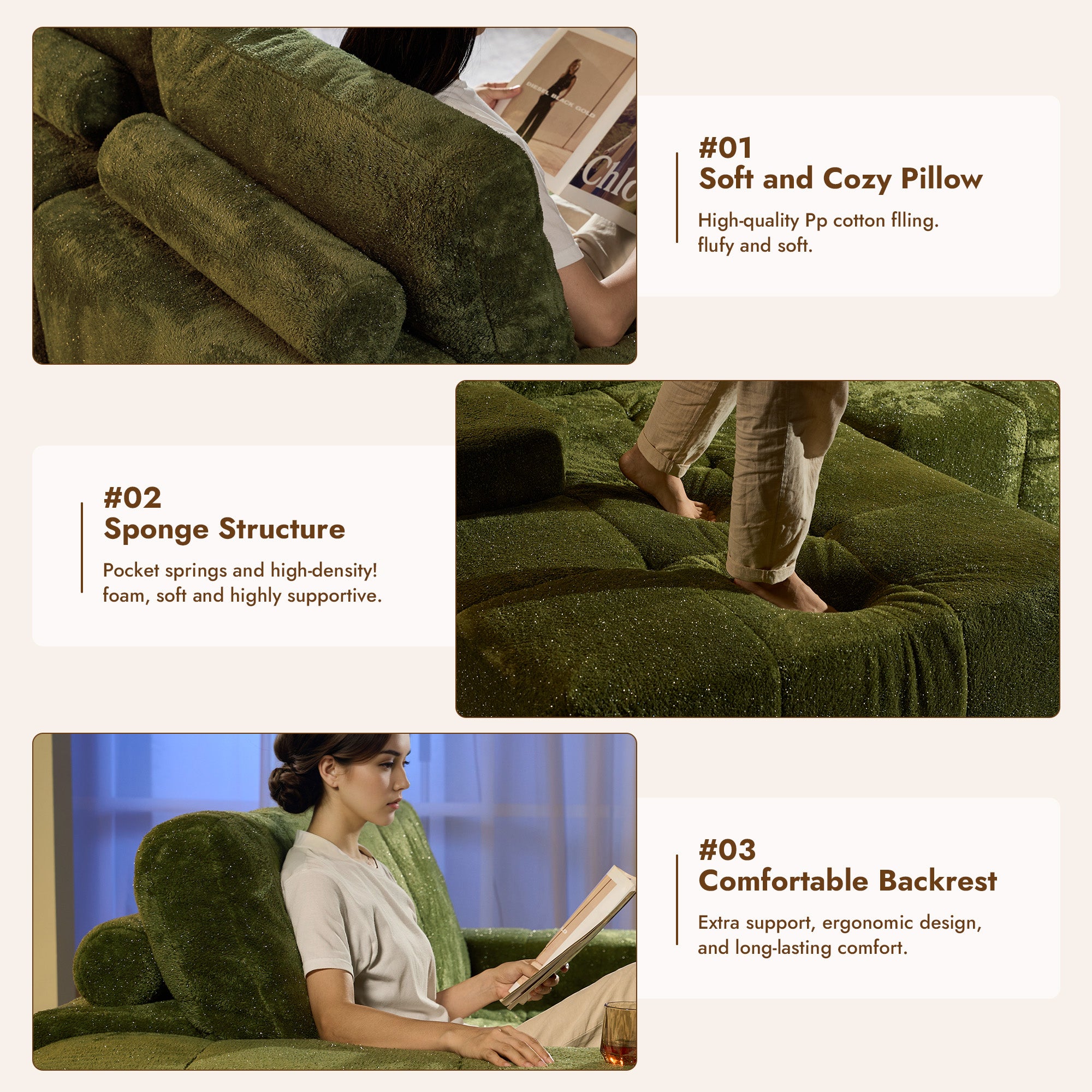 OVIOS 114" Cloud Sectional Sofa - L-Shaped Faux Leather Modular Couch with Deep Seat Chaise