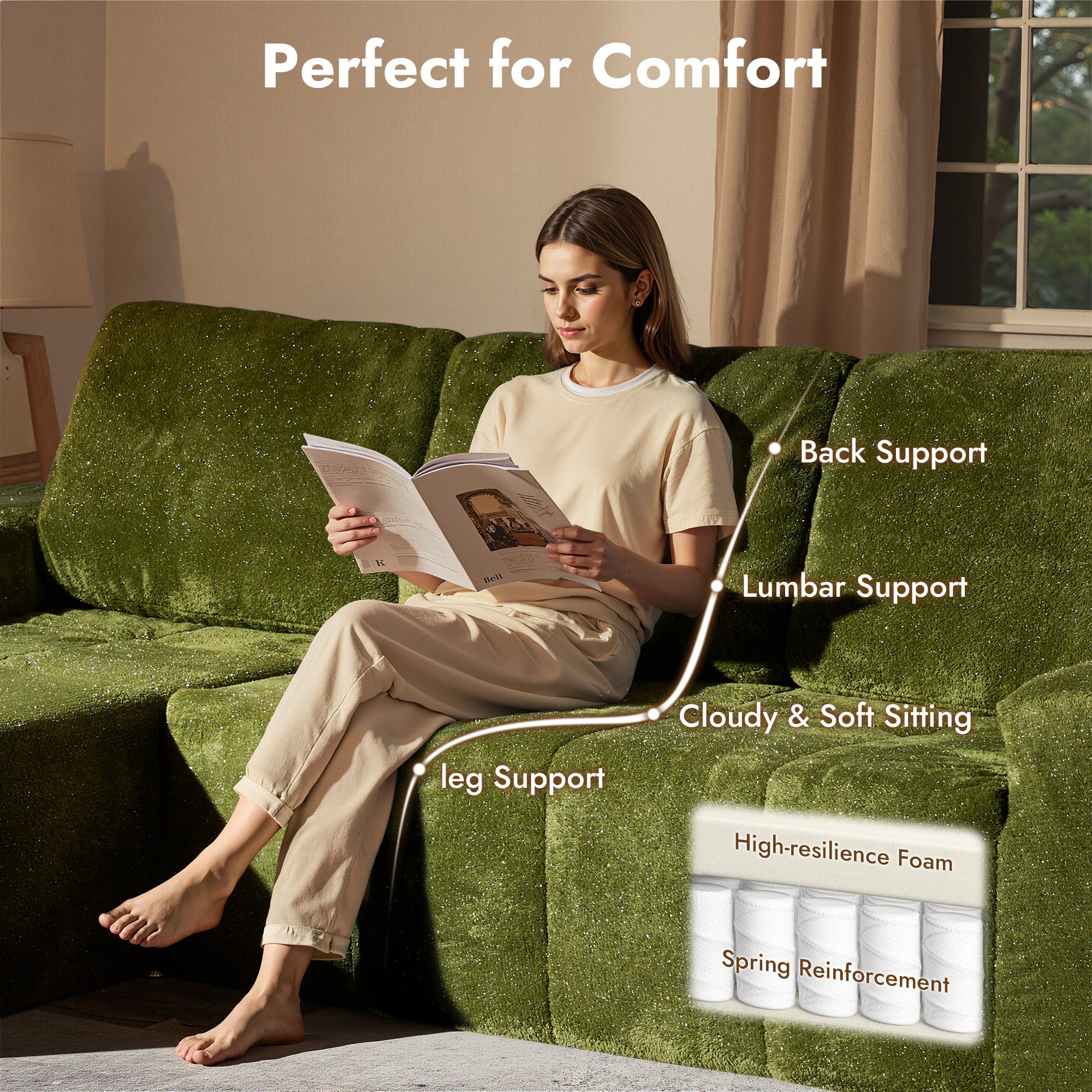 OVIOS 114" Cloud Sectional Sofa - L-Shaped Faux Leather Modular Couch with Deep Seat Chaise