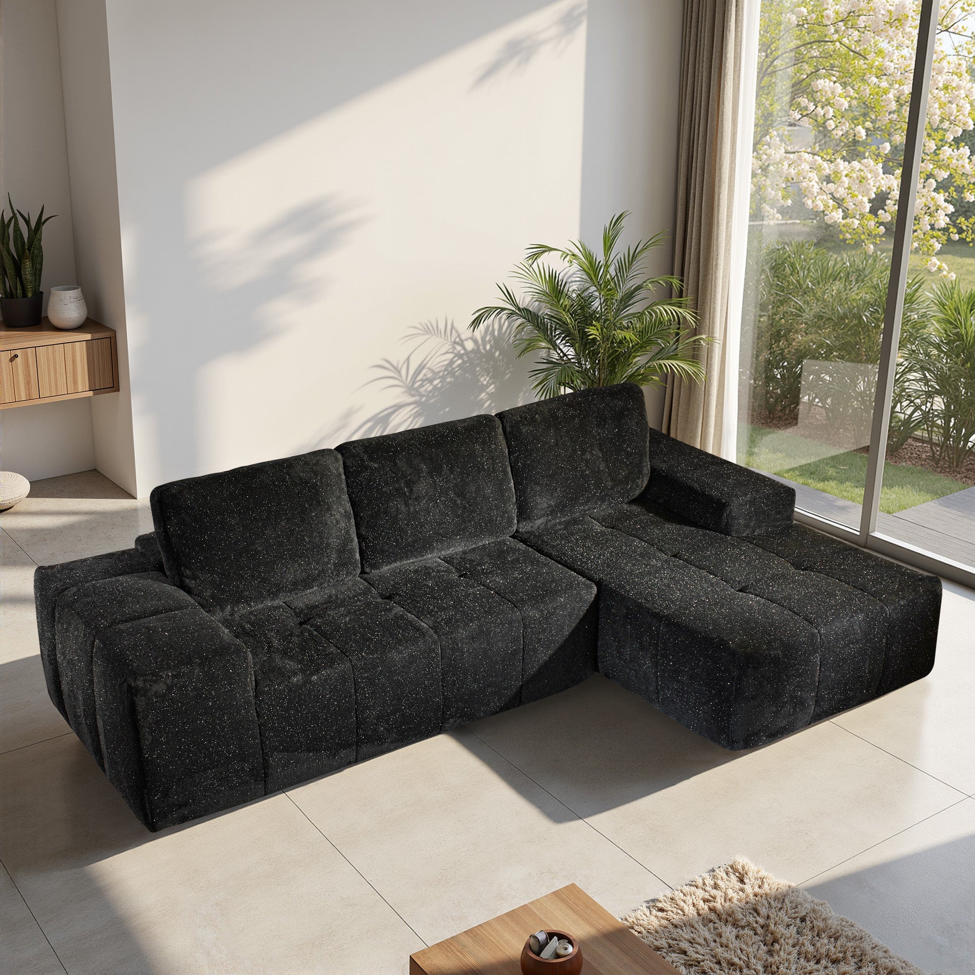 OVIOS 114" Cloud Sectional Sofa - L-Shaped Faux Leather Modular Couch with Deep Seat Chaise