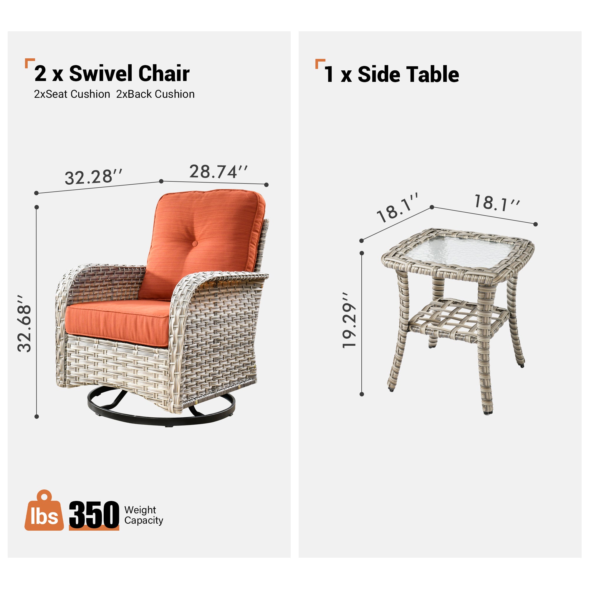 OVIOS VNC Series Patio Swivel Chair 3-Piece Set