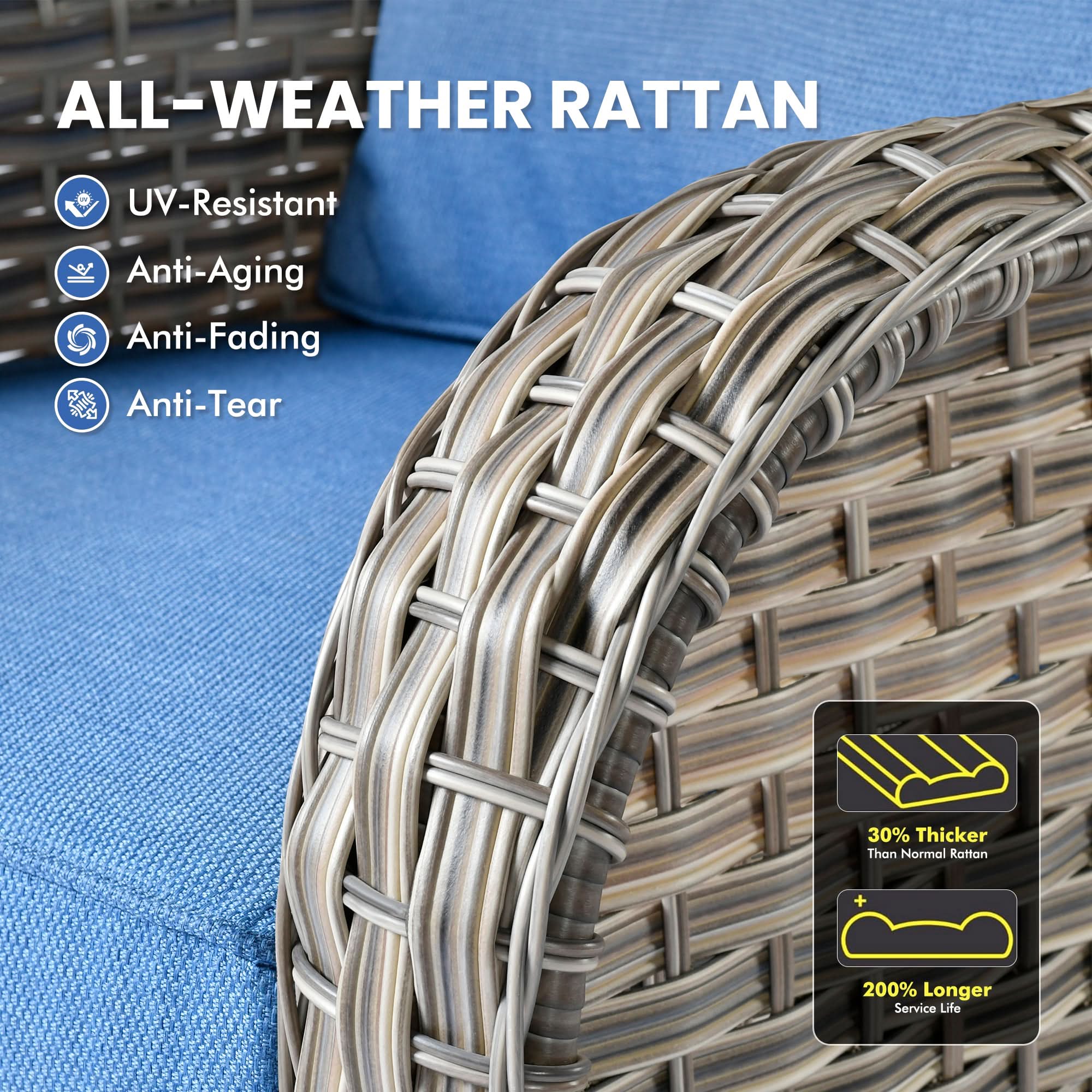 OVIOS patio chair all-weather rattan: UV-resistant, 30% thicker, 200% longer service life.#Color_Coffee Wicker Diamond Blue Cushion