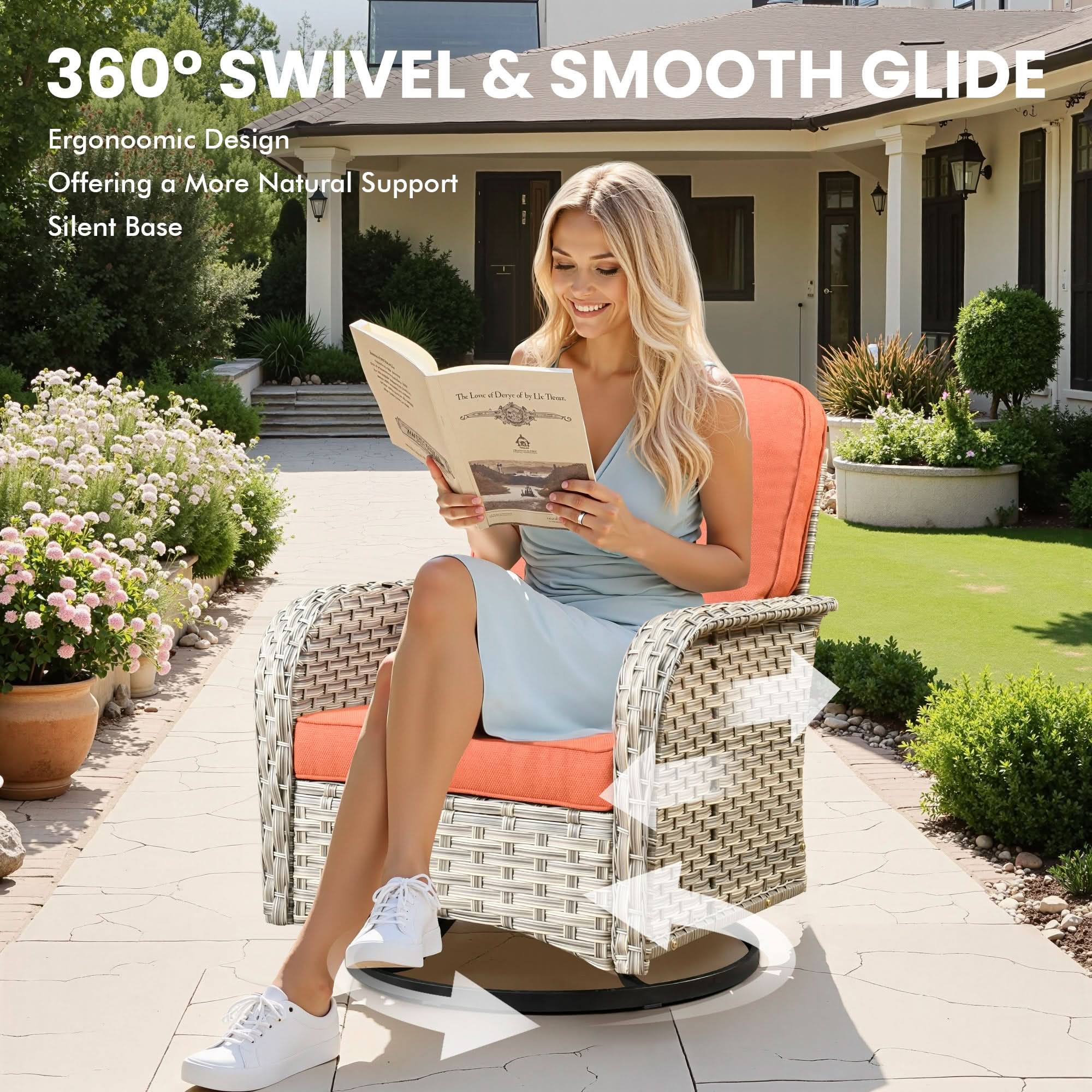 OVIOS VNC Series wicker patio swivel chair: 360° swivel, smooth glide, ergonomic.#Color_Coffee Wicker Ruby Red Cushion