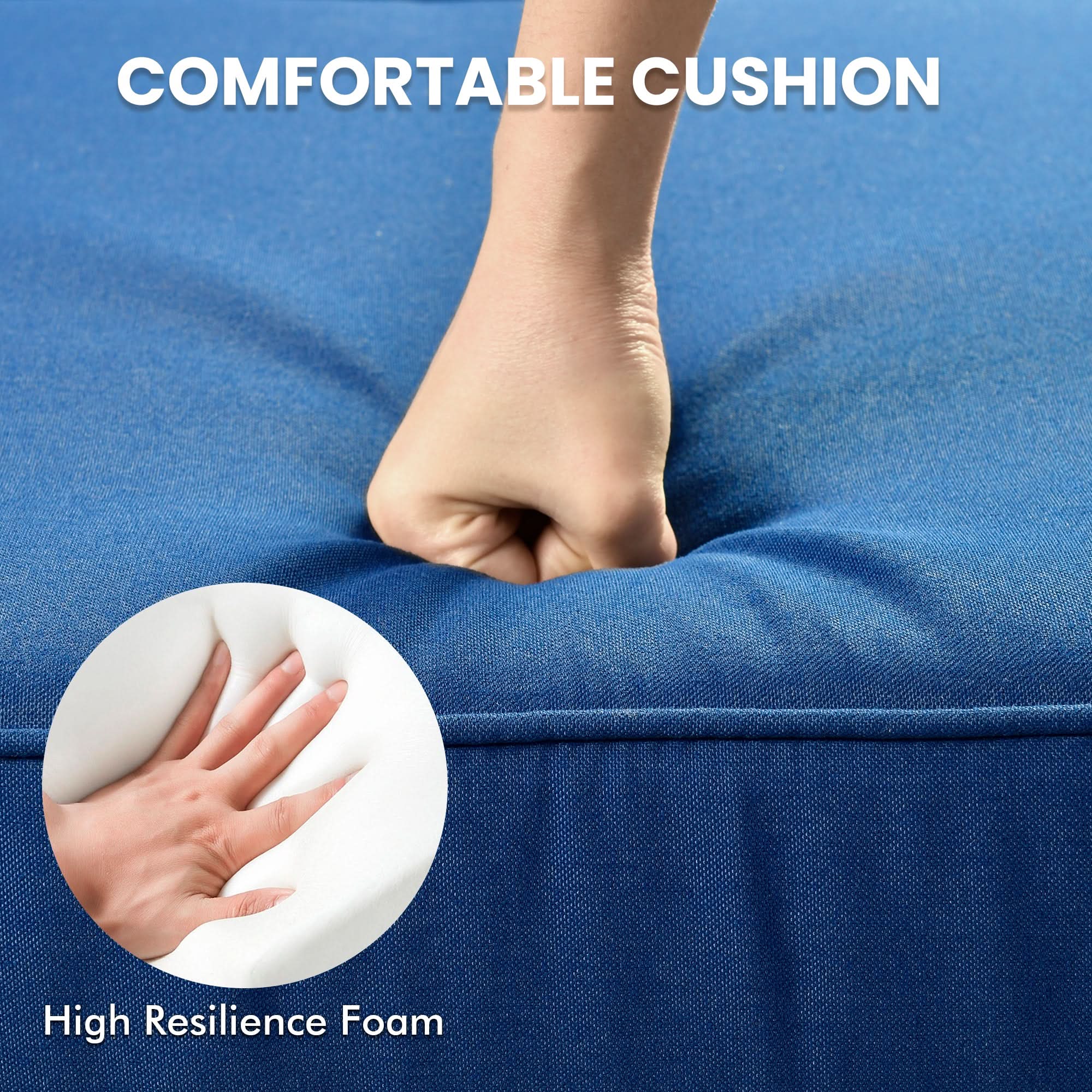 Close-up of blue OVIOS patio cushion with hand demonstrating high-resilience foam comfort.#Color_Coffee Wicker Navy Blue Cushion