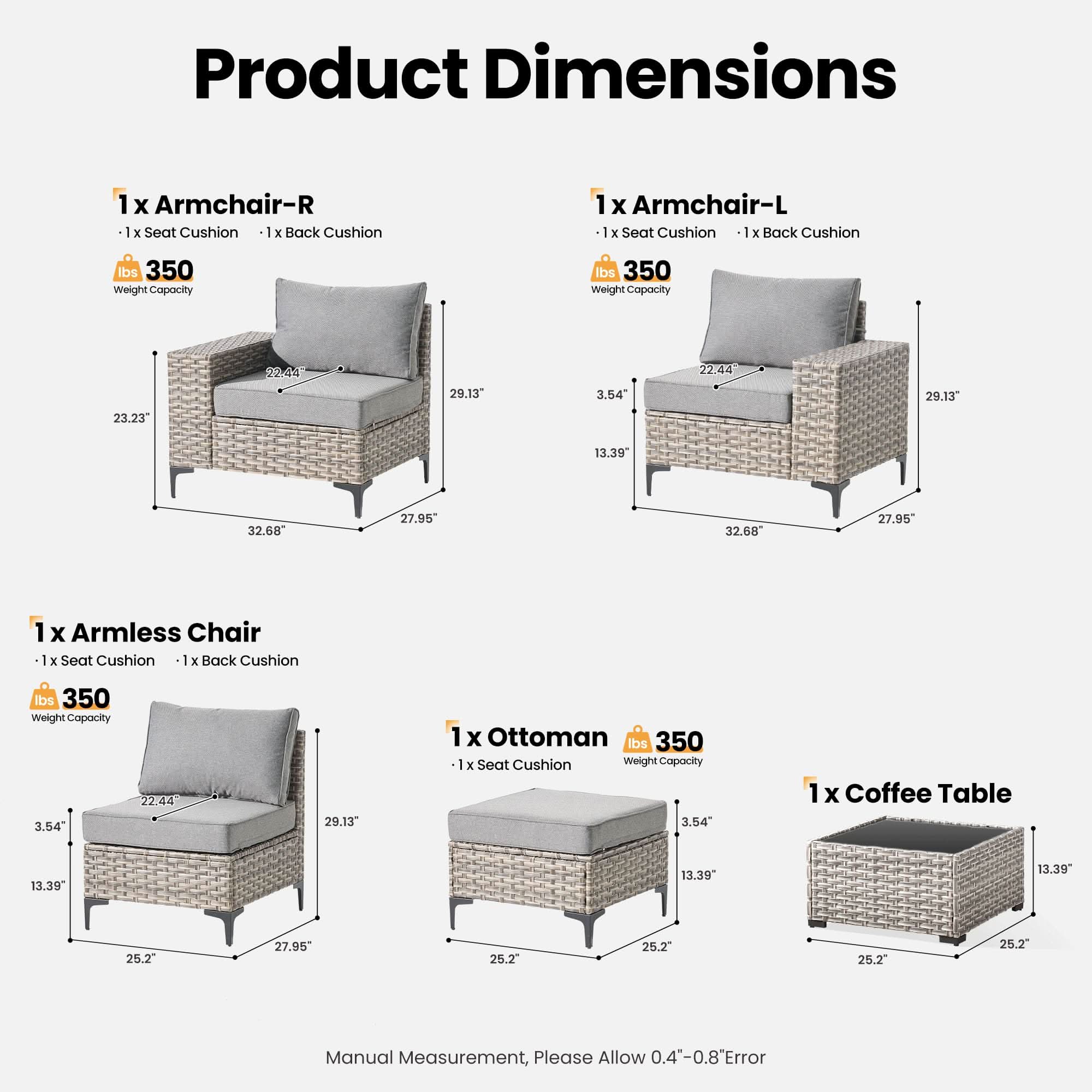 OVIOS 5 Pieces Patio Furniture Set Outdoor Sectional Sofa Couch with Comfy Cushions Deep Seat