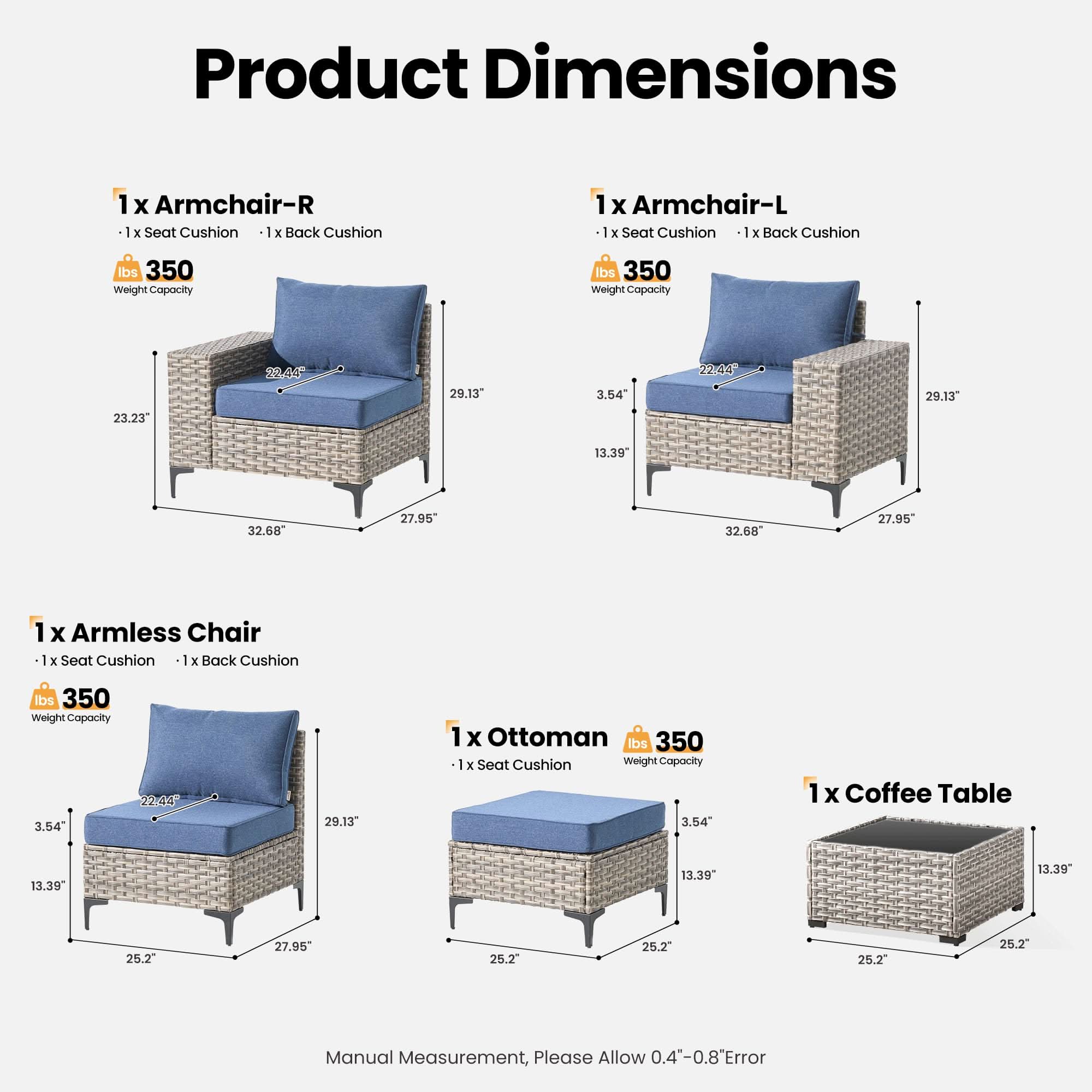 OVIOS 5 Pieces Patio Furniture Set Outdoor Sectional Sofa Couch with Comfy Cushions Deep Seat