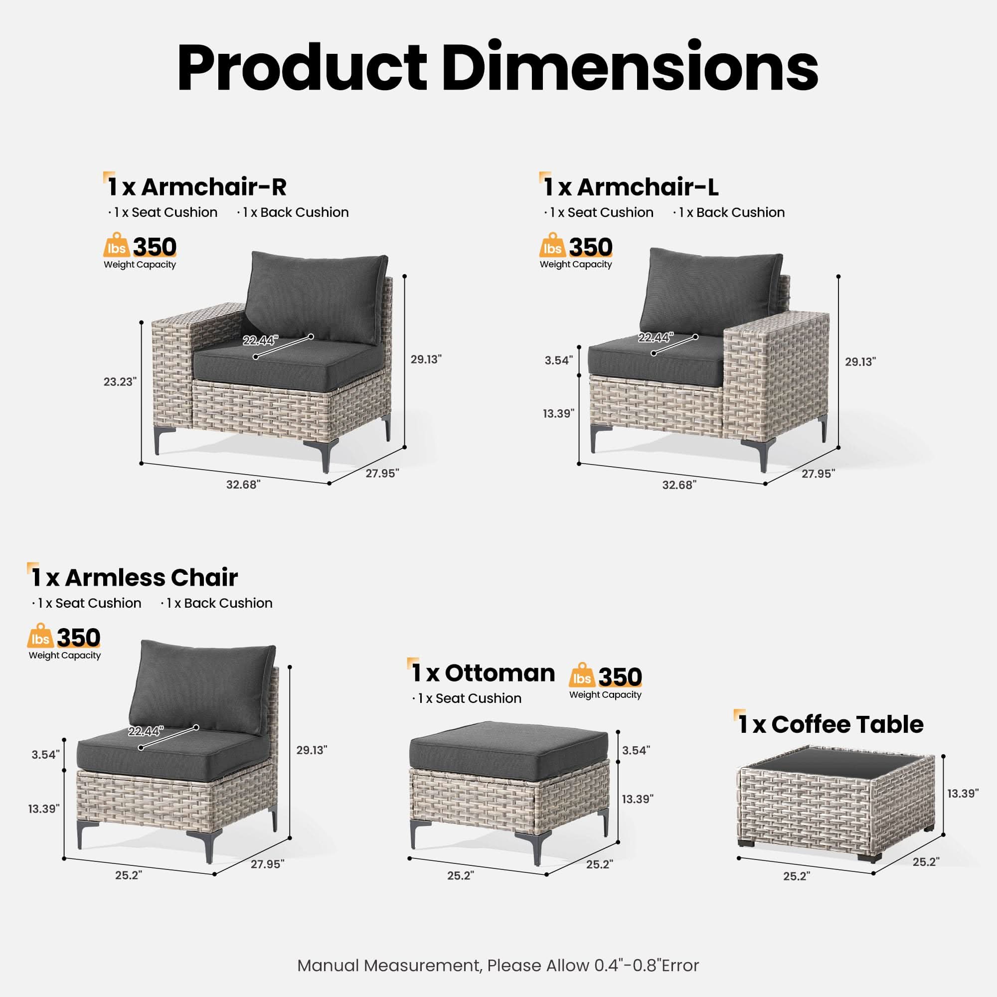OVIOS 5 Pieces Patio Furniture Set Outdoor Sectional Sofa Couch with Comfy Cushions Deep Seat