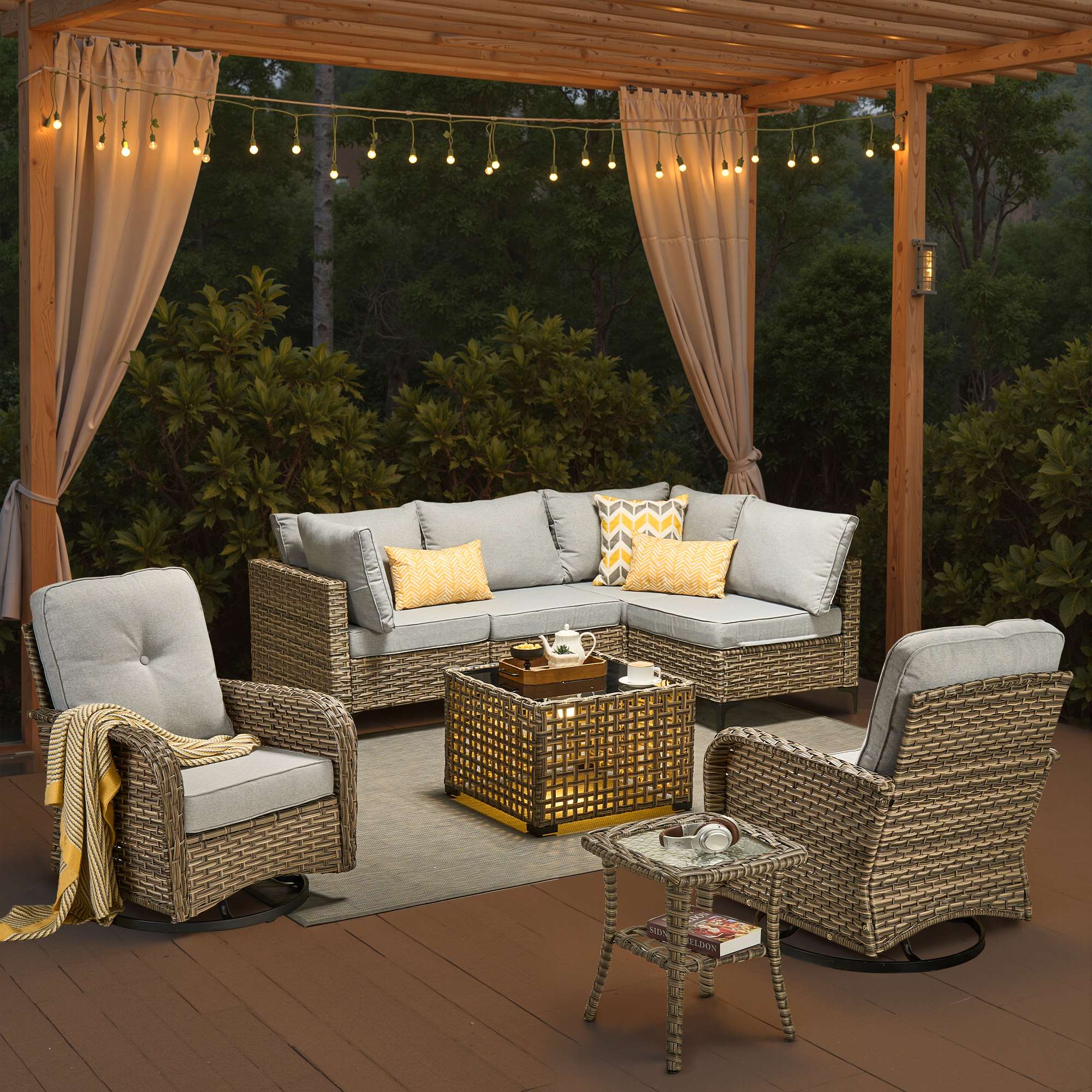 OVIOS Outdoor Wicker Patio Conversation Set with Swivel Rocking Chairs for Backyard