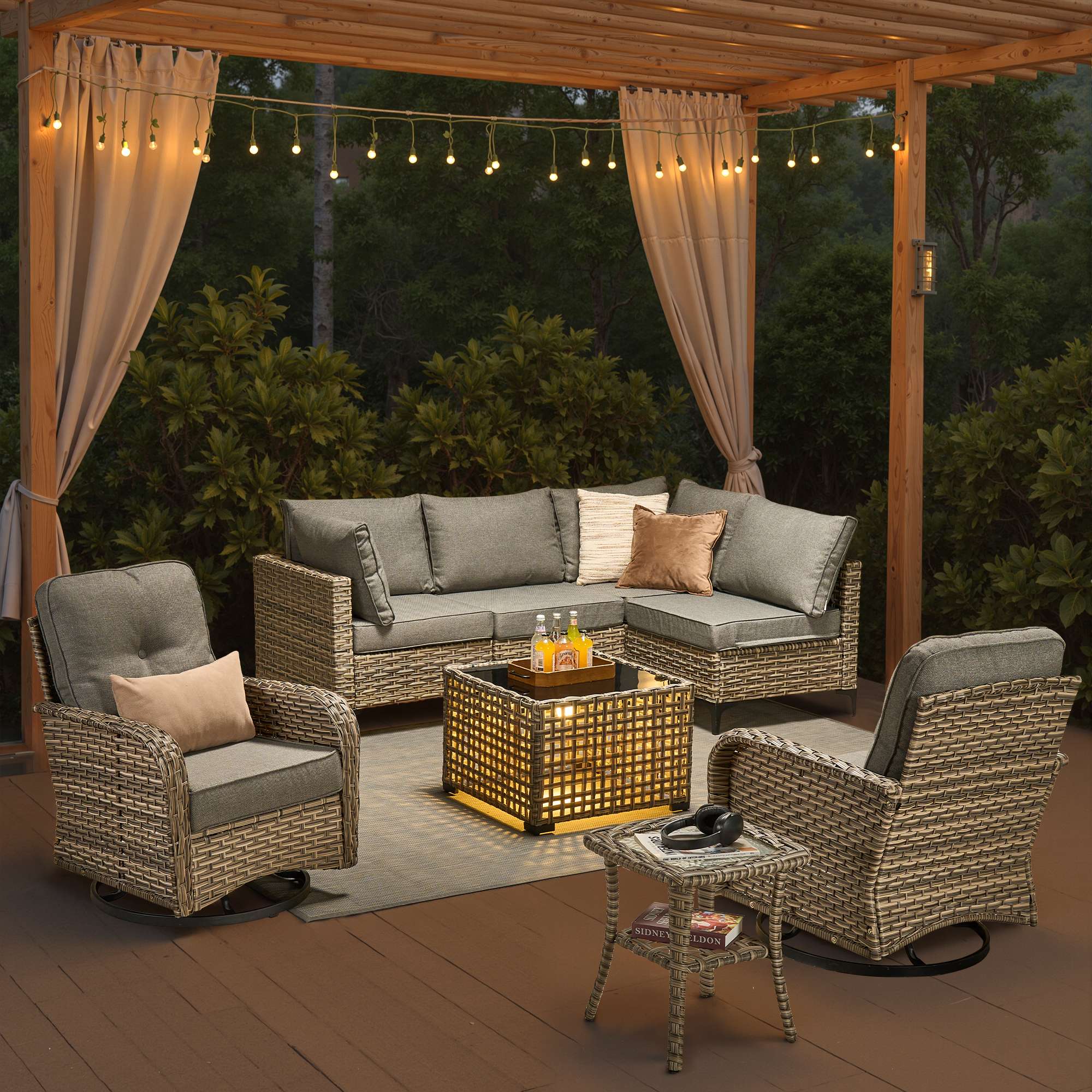 OVIOS Outdoor Wicker Patio Conversation Set with Swivel Rocking Chairs for Backyard