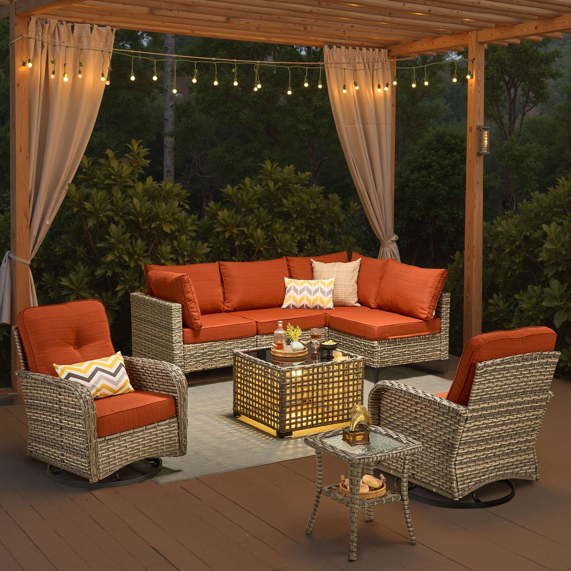 OVIOS Outdoor Wicker Patio Conversation Set with Swivel Rocking Chairs for Backyard