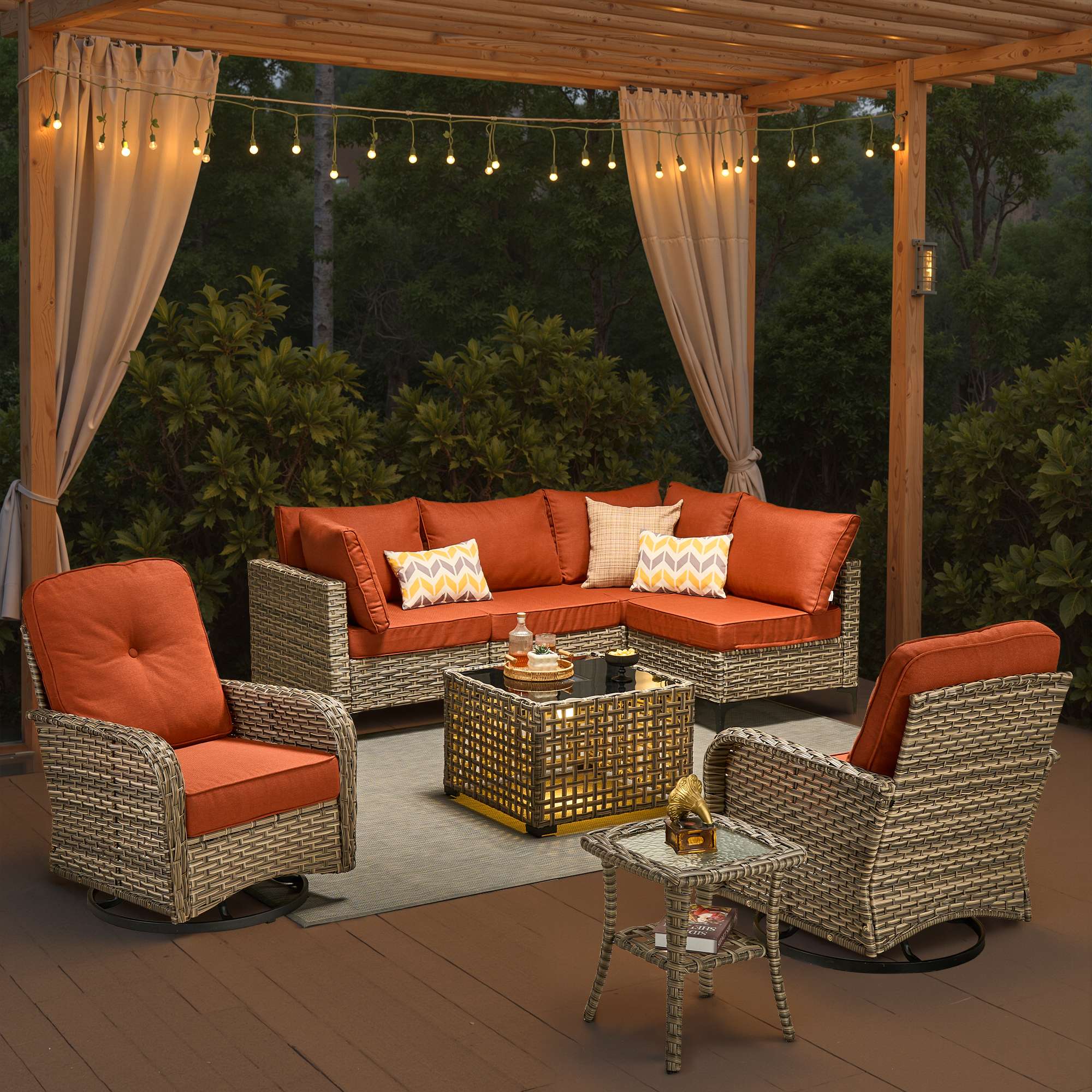 OVIOS Outdoor Wicker Patio Conversation Set with Swivel Rocking Chairs for Backyard