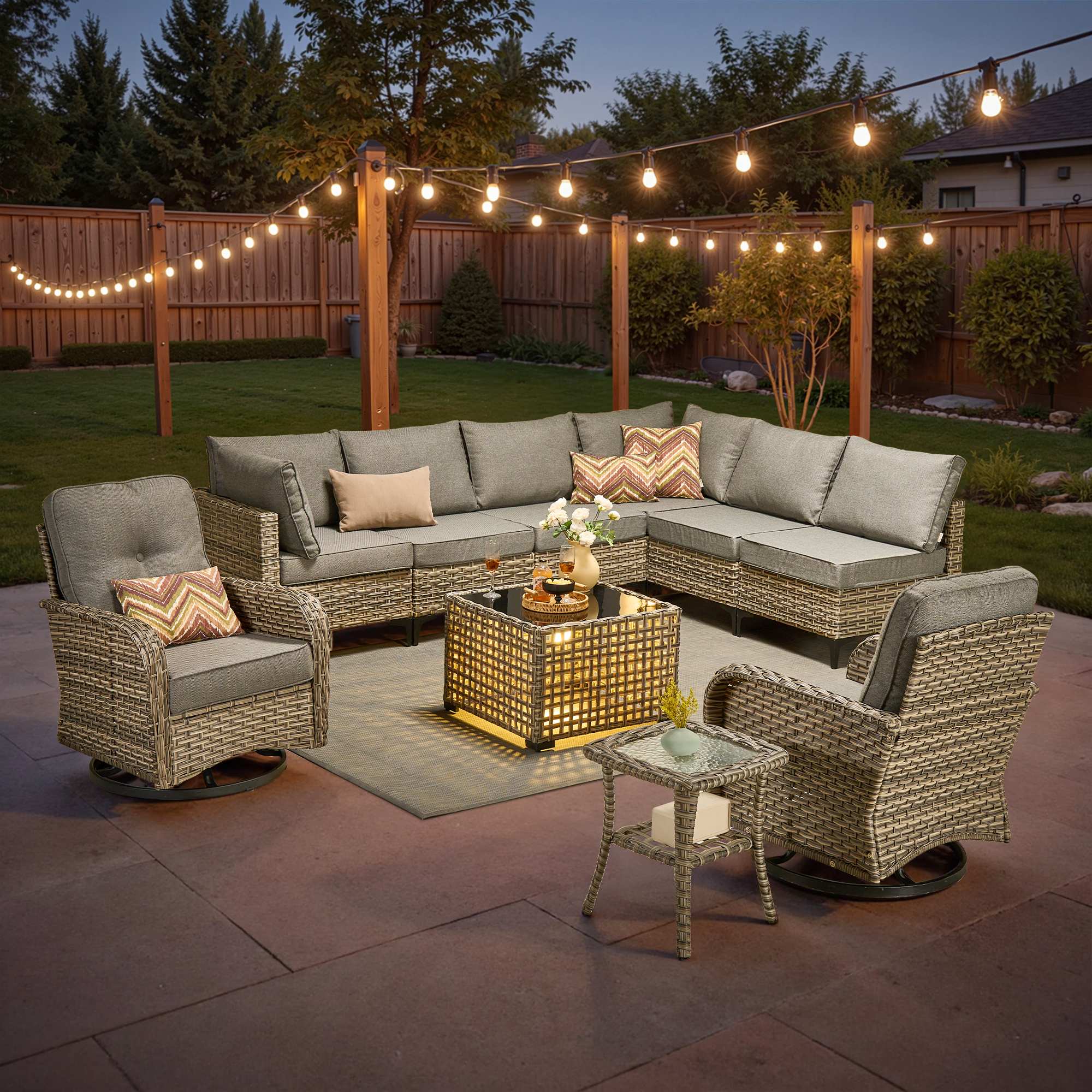 OVIOS Outdoor Wicker Patio Conversation Set with Swivel Rocking Chairs for Backyard