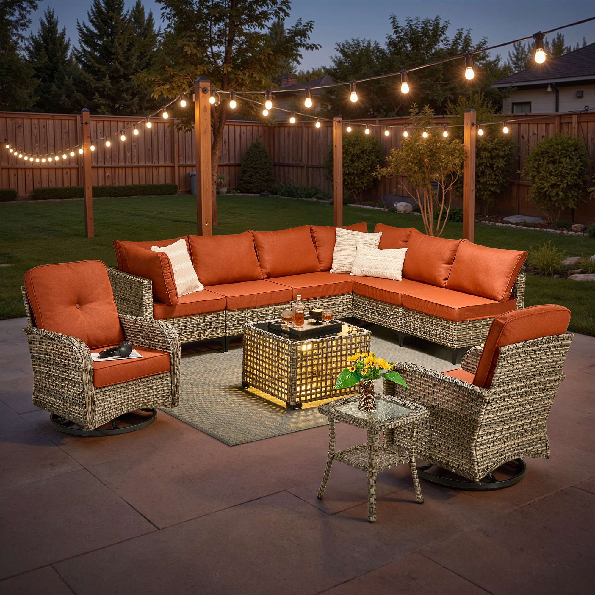 OVIOS Outdoor Wicker Patio Conversation Set with Swivel Rocking Chairs for Backyard