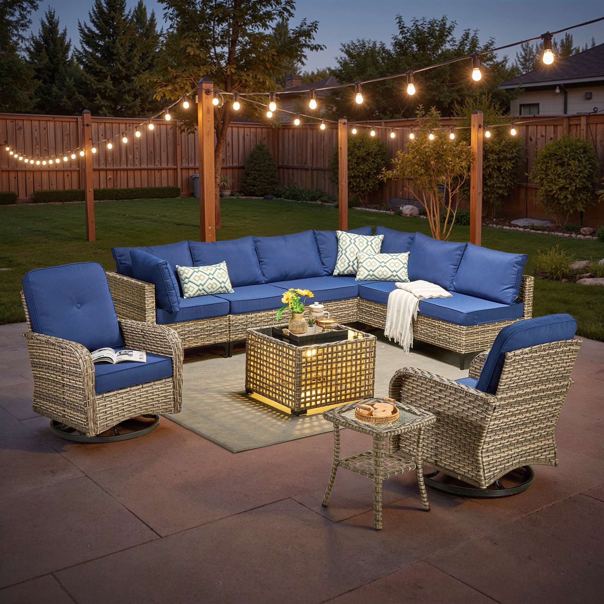 OVIOS Outdoor Wicker Patio Conversation Set with Swivel Rocking Chairs for Backyard