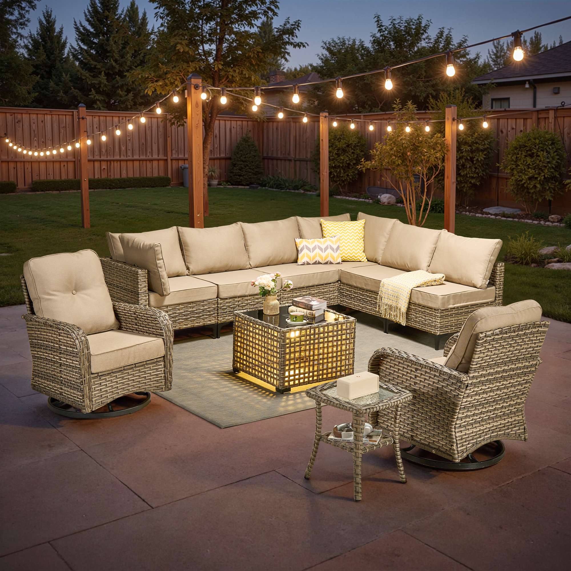 OVIOS Outdoor Wicker Patio Conversation Set with Swivel Rocking Chairs for Backyard