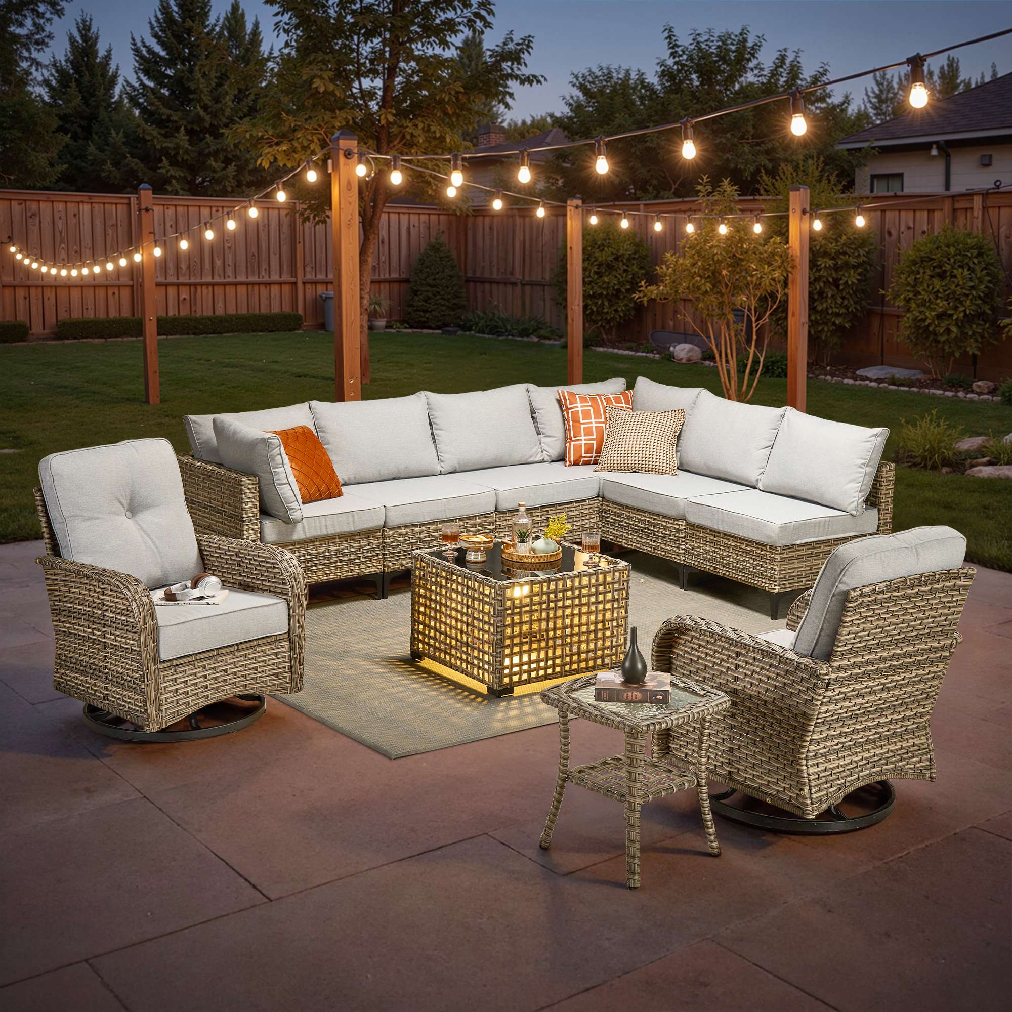 OVIOS Outdoor Wicker Patio Conversation Set with Swivel Rocking Chairs for Backyard
