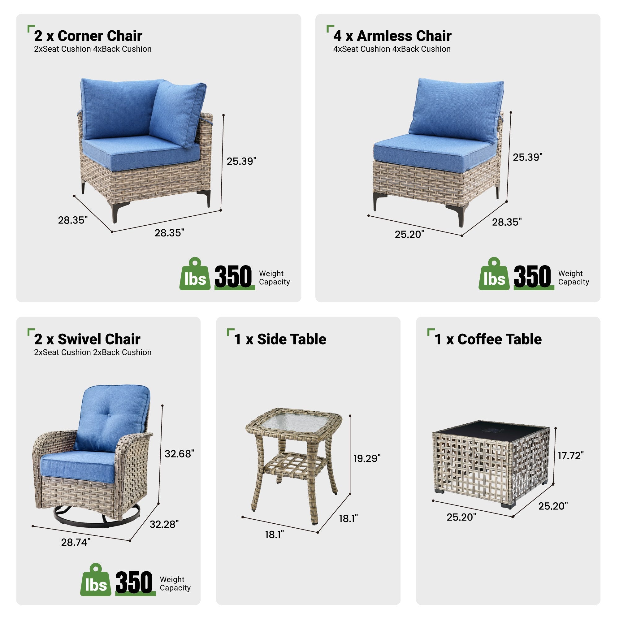 OVIOS modular wicker patio set: corner, armless, swivel rocking chairs, tables.