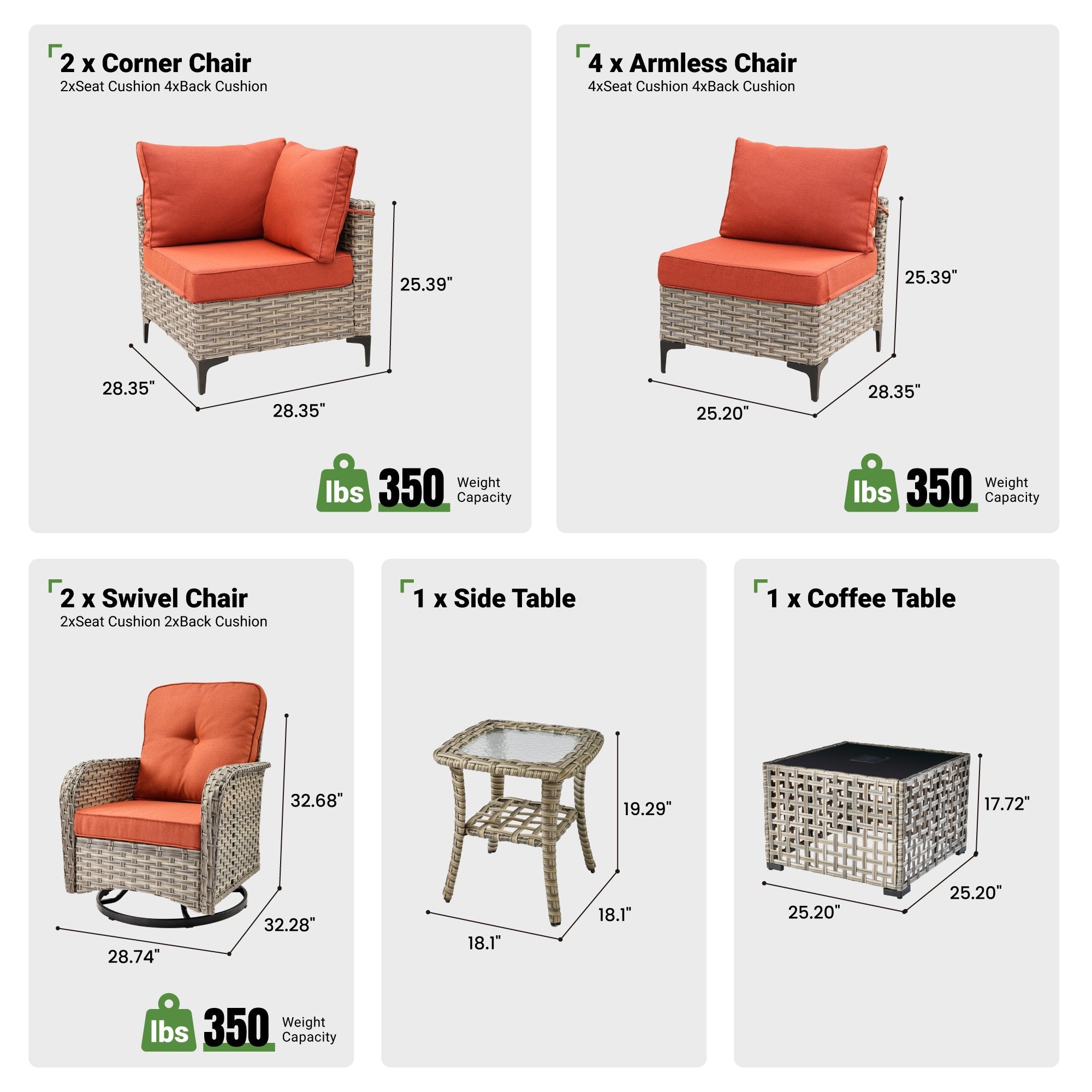 OVIOS outdoor wicker patio set components: swivel chair, corner chair, armless chair, tables with orange cushions.