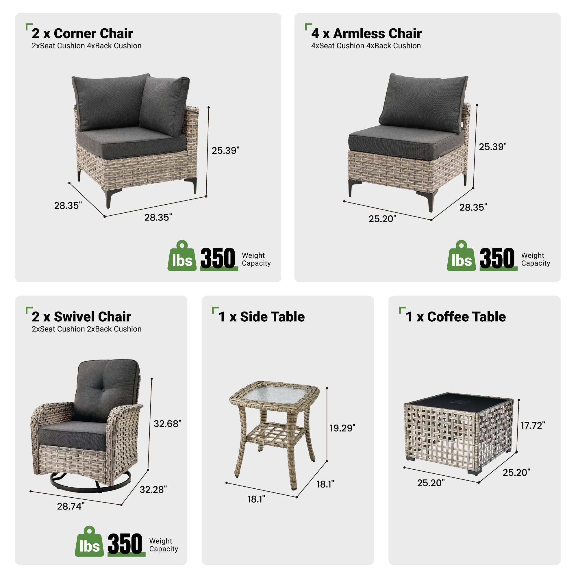 OVIOS outdoor wicker patio set components: swivel chairs, armless chairs, corner chairs, side & coffee tables.