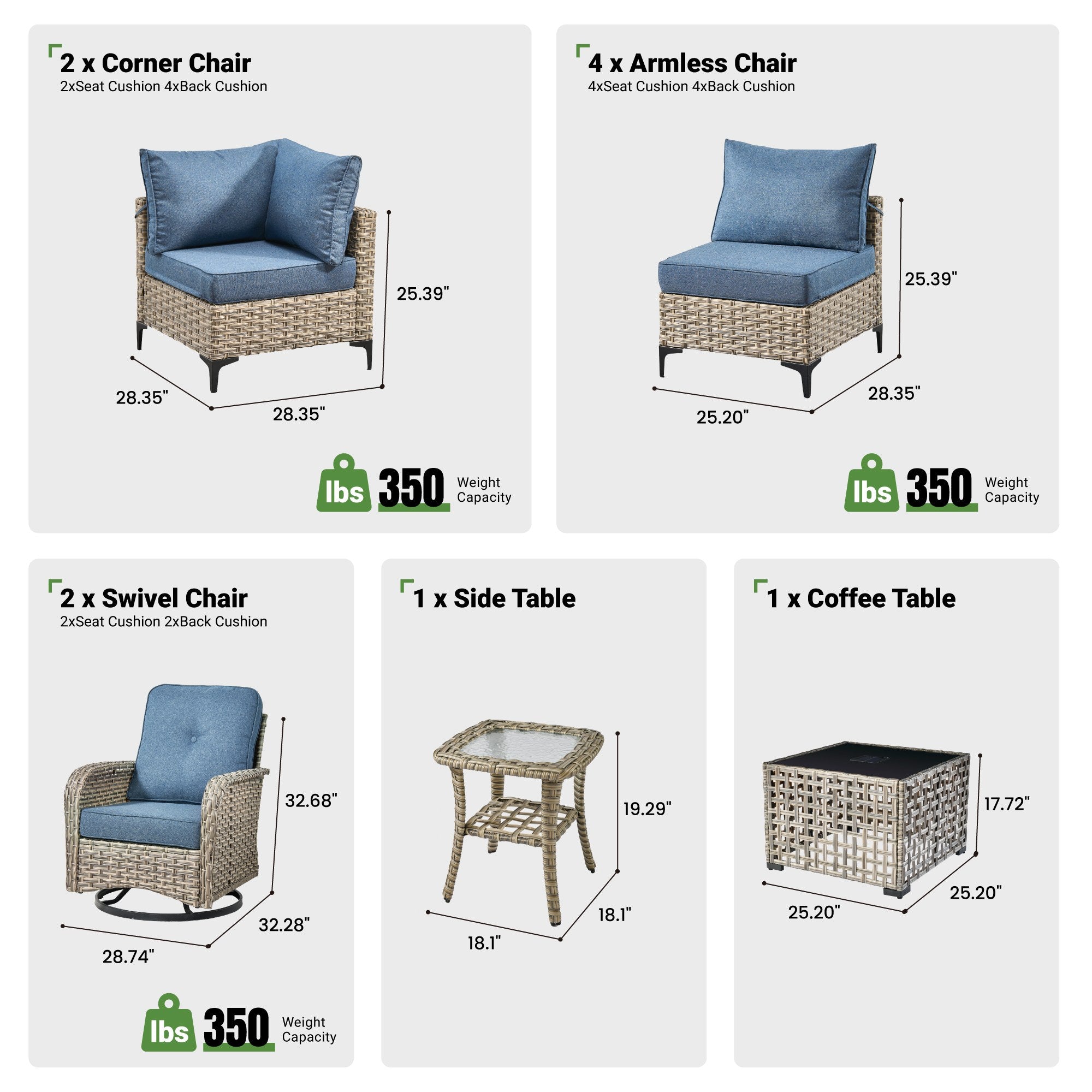 OVIOS outdoor wicker patio set components: corner, armless, swivel rocking chairs, tables with dimensions.