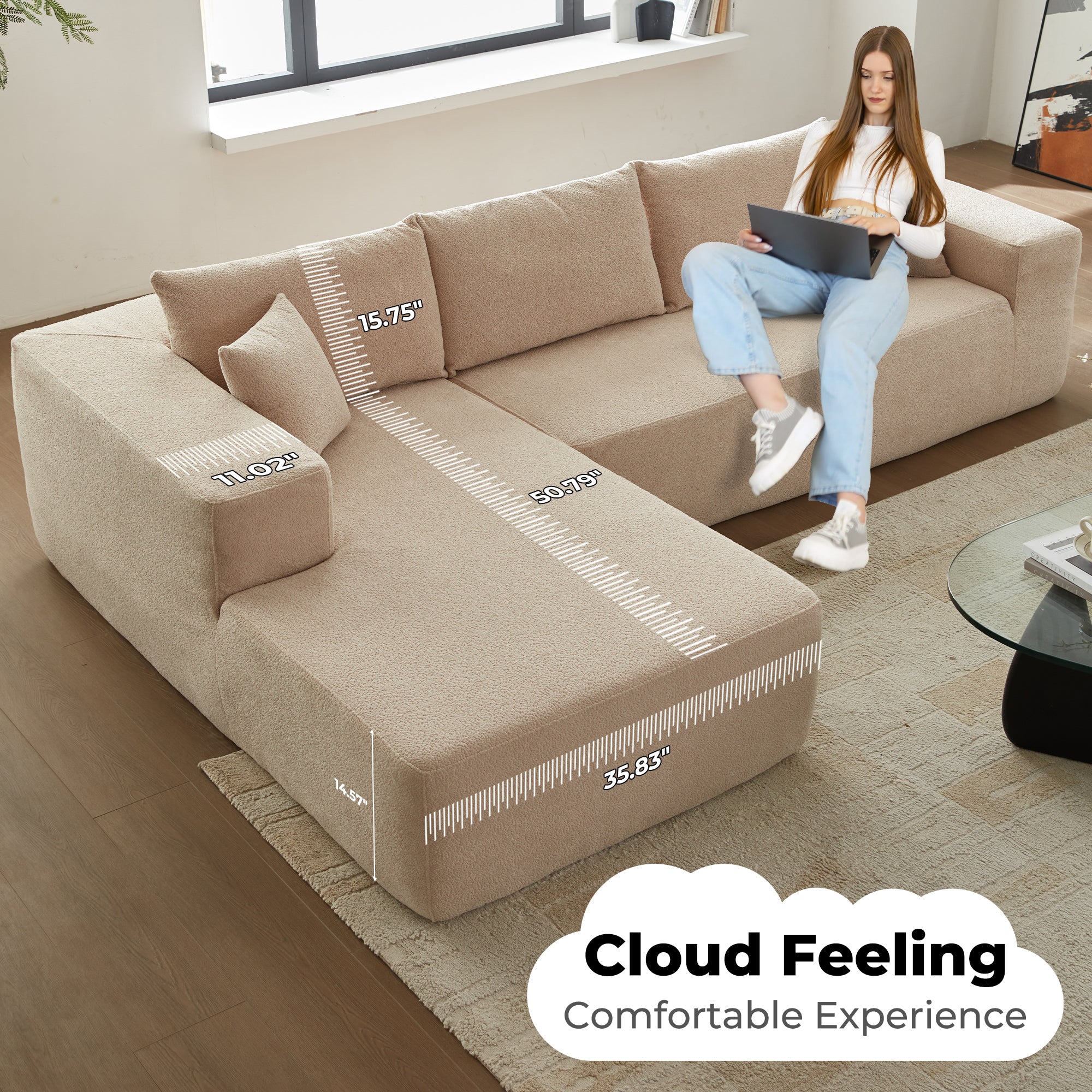 Ovios 104" L-Shape Modular Couch with Chaise,Cloud Velvet Fabric,No Assembly Required