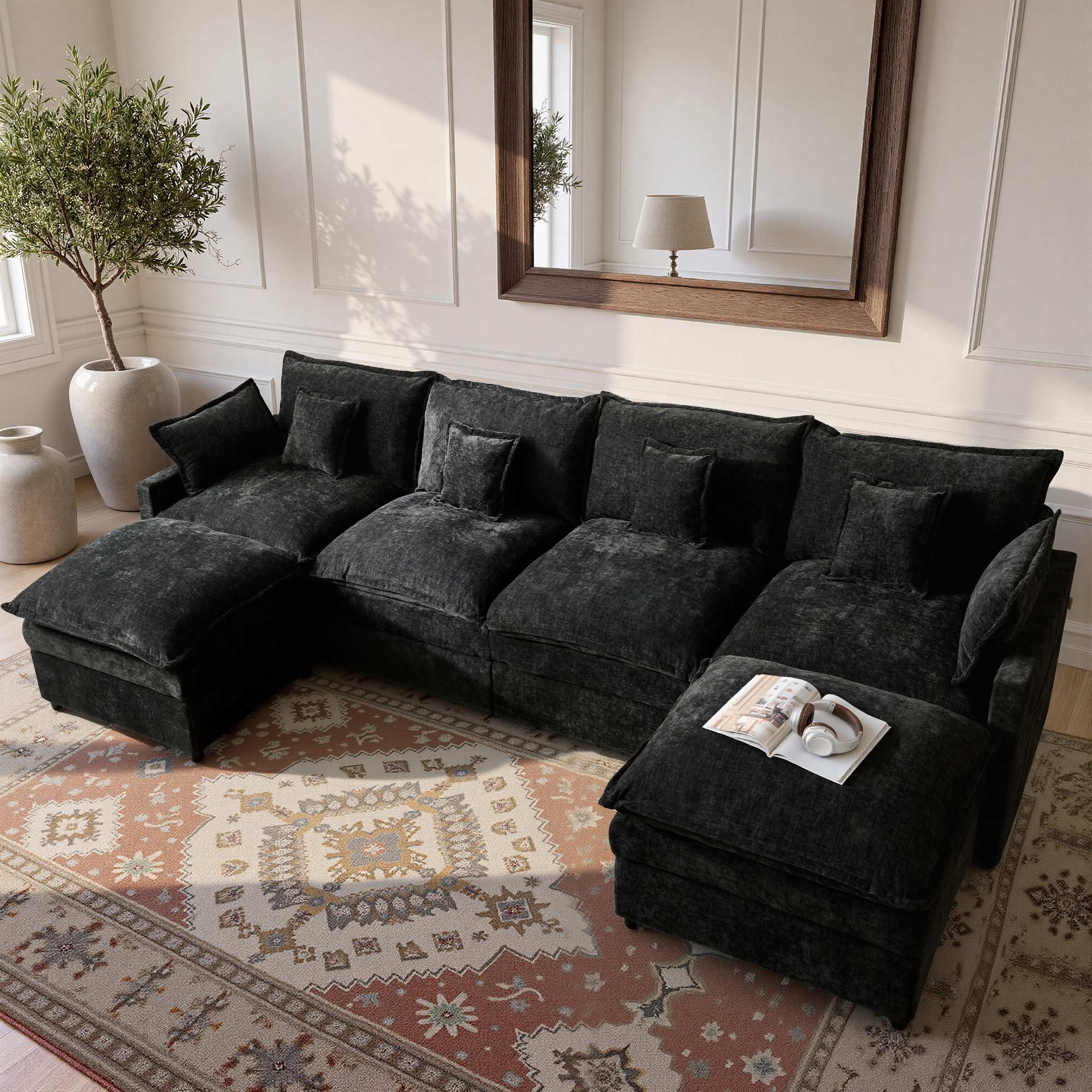 OVIOS U-Shaped Modular Sectional Sofa, Cloud Couch with 2 Ottomans, Deep Seat Chenille Sofa for Living Room and Apartment, Free Combination